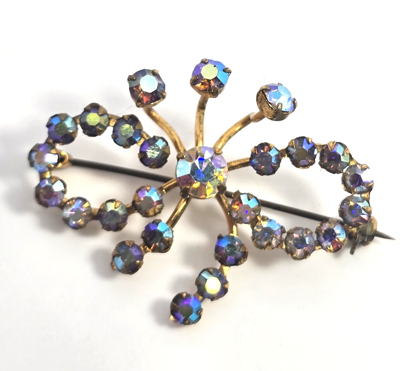 Austria Rainbow Aurora Borealis mid century MCM vintage rhinestone bow brooch
