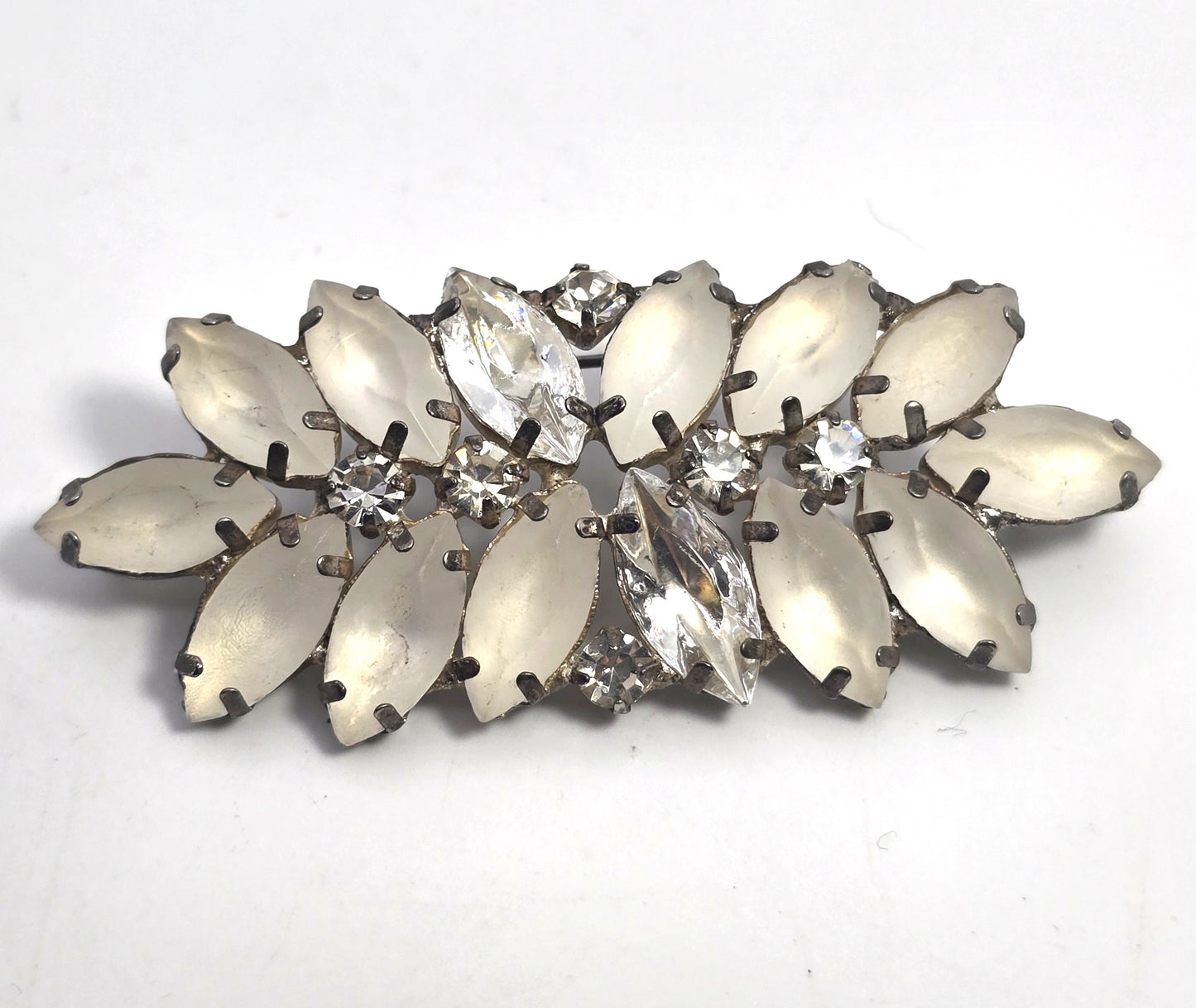 White Satin glass and clear marquis rhinestone mid century vintage brooch