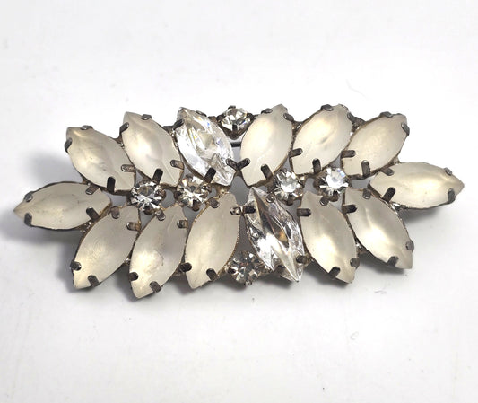 White Satin glass and clear marquis rhinestone mid century vintage brooch