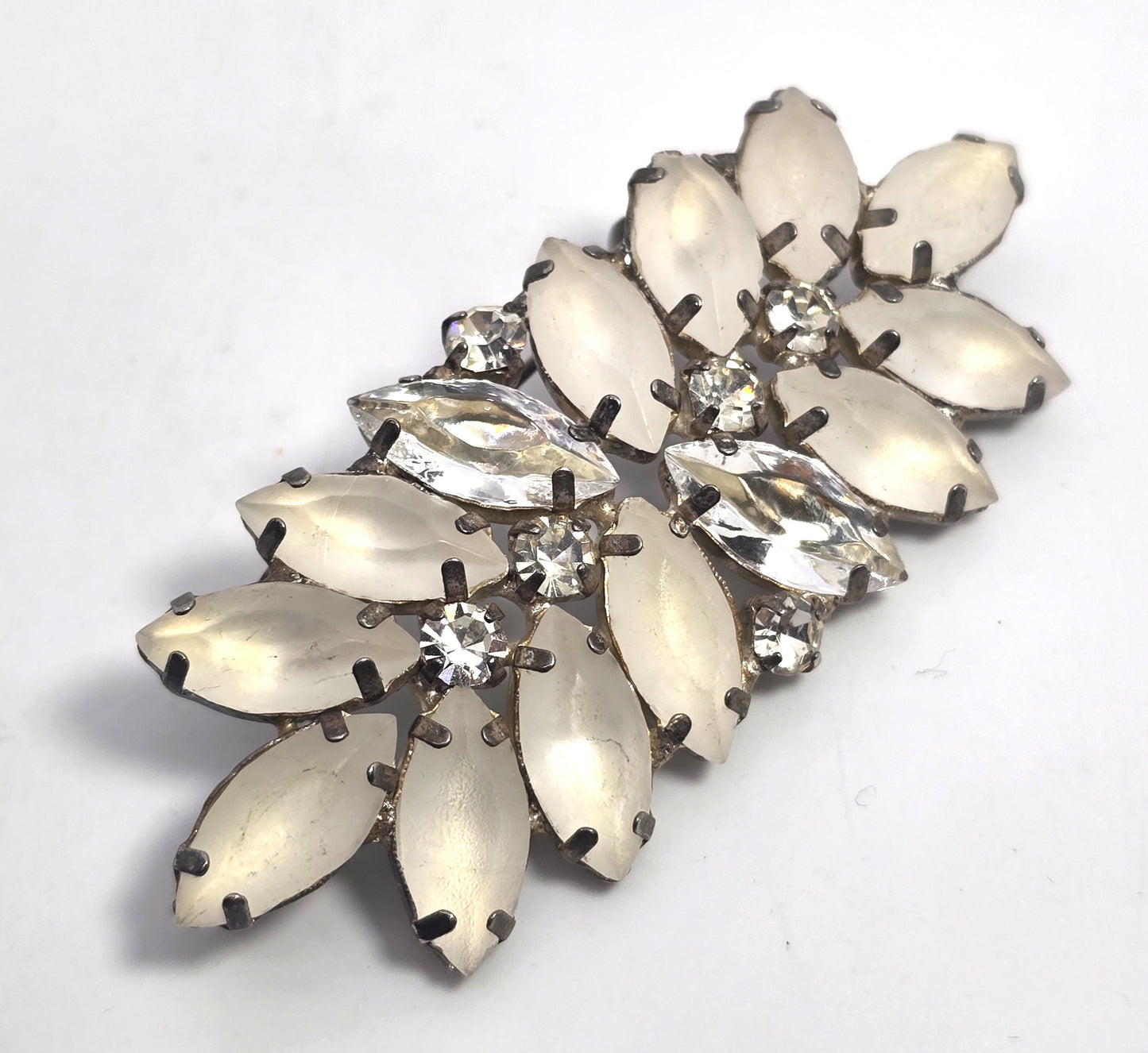 White Satin glass and clear marquis rhinestone mid century vintage brooch