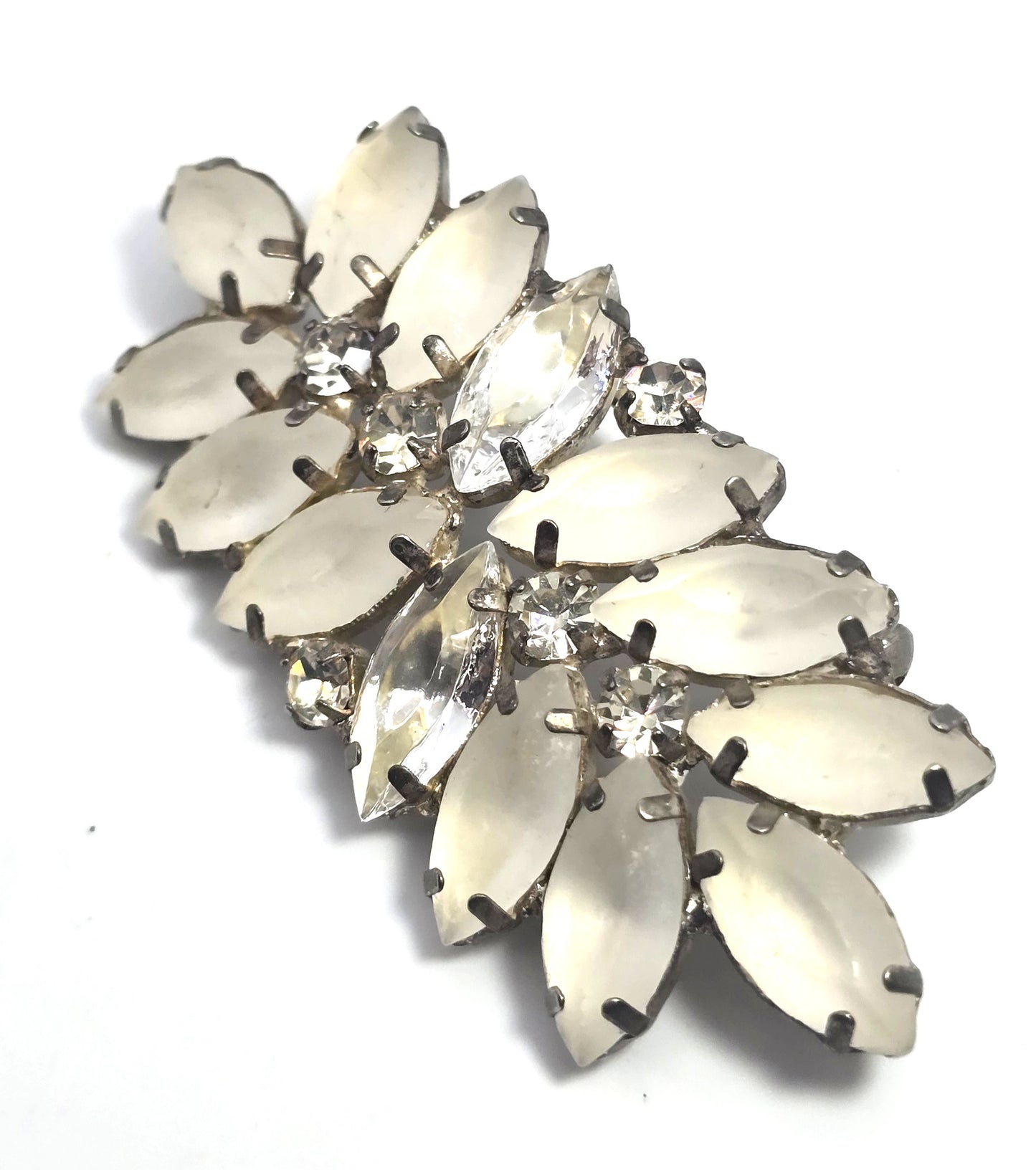 White Satin glass and clear marquis rhinestone mid century vintage brooch