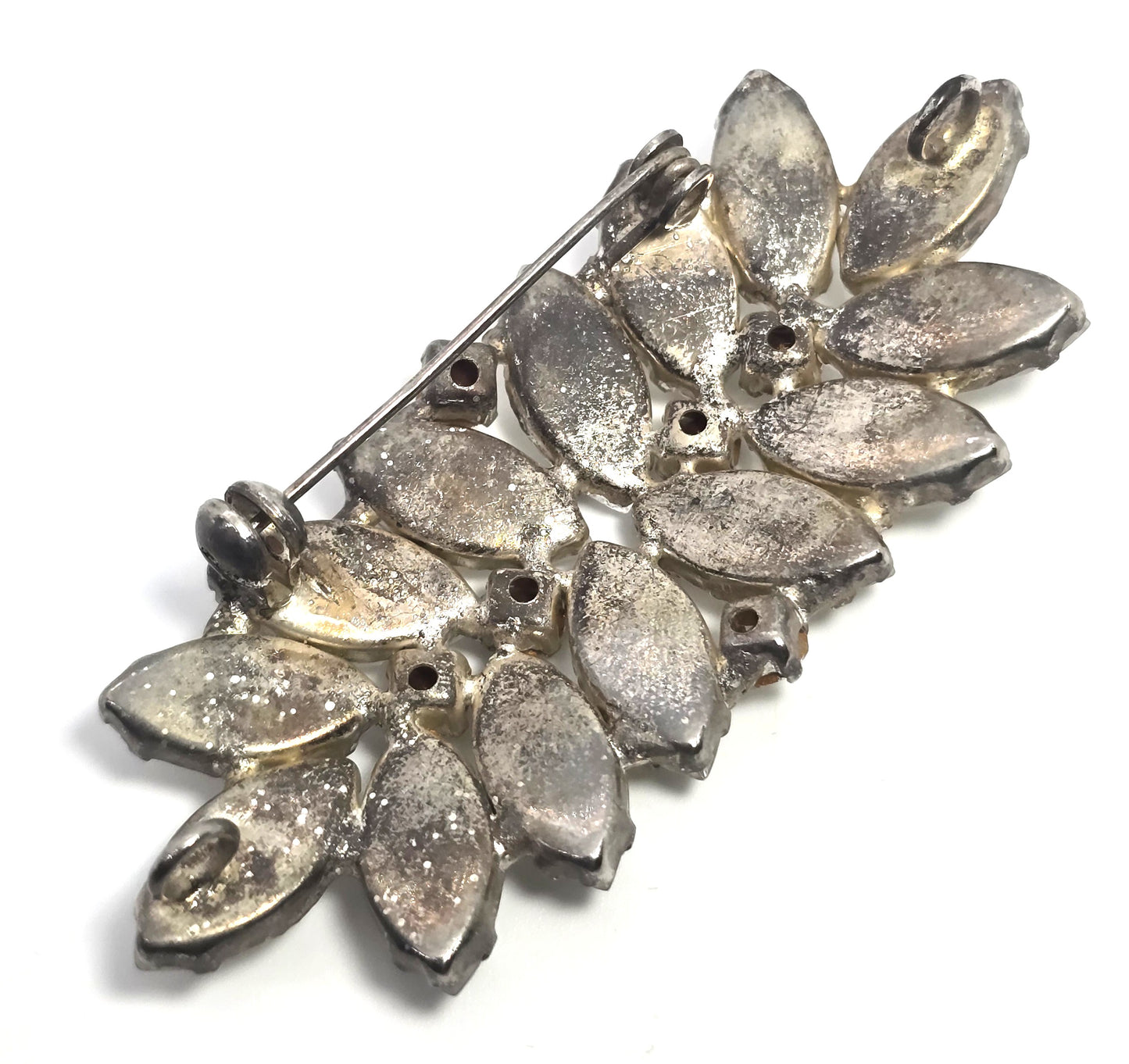 White Satin glass and clear marquis rhinestone mid century vintage brooch