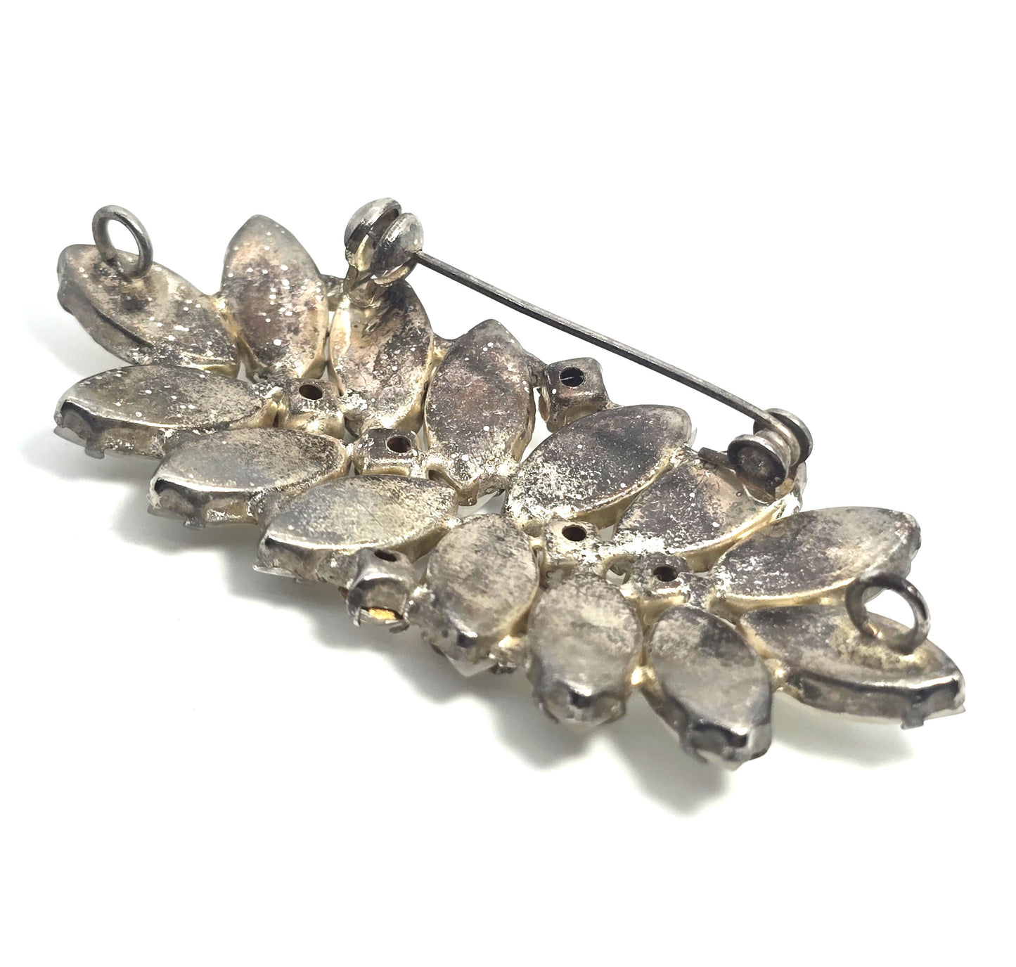 White Satin glass and clear marquis rhinestone mid century vintage brooch