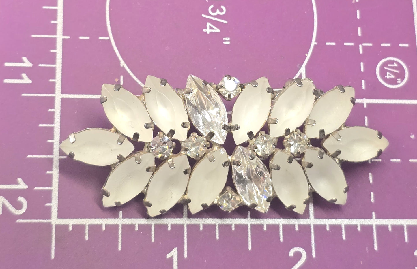 White Satin glass and clear marquis rhinestone mid century vintage brooch