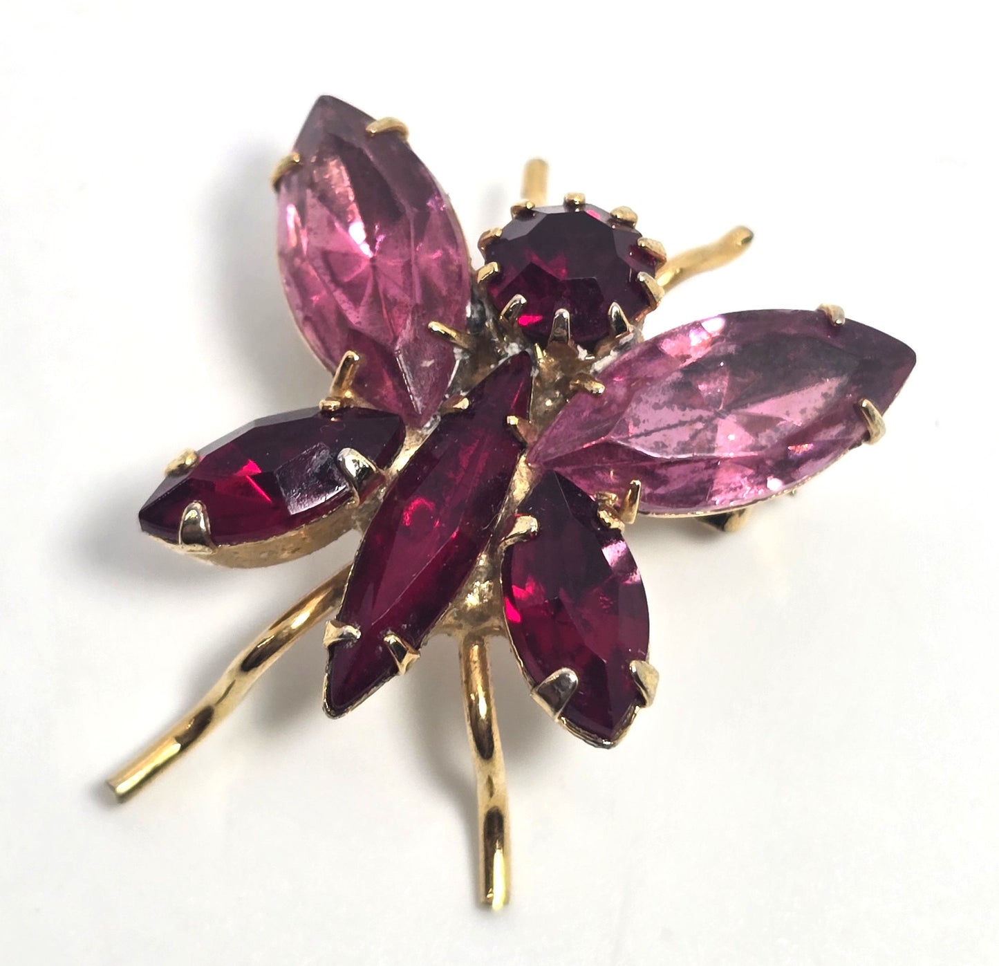 Red and Pink rhinestone vintage figural mid century butterfly brooch MCM