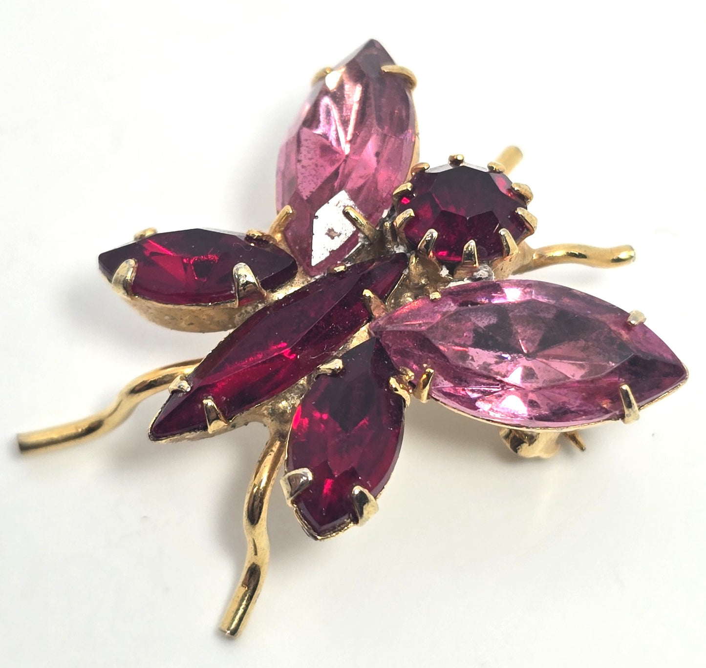Red and Pink rhinestone vintage figural mid century butterfly brooch MCM