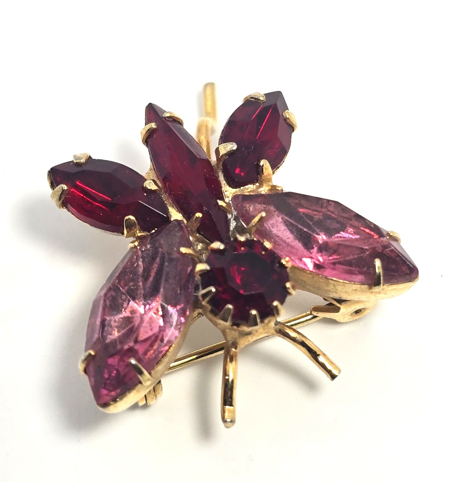 Red and Pink rhinestone vintage figural mid century butterfly brooch MCM
