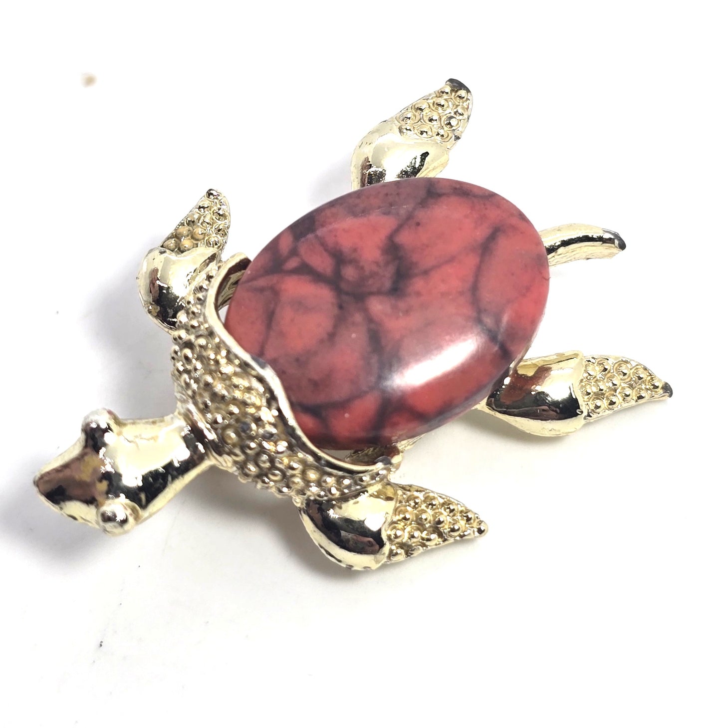 Gerry's Sea Turtle  marbled red glass gold toned vintage reptile brooch