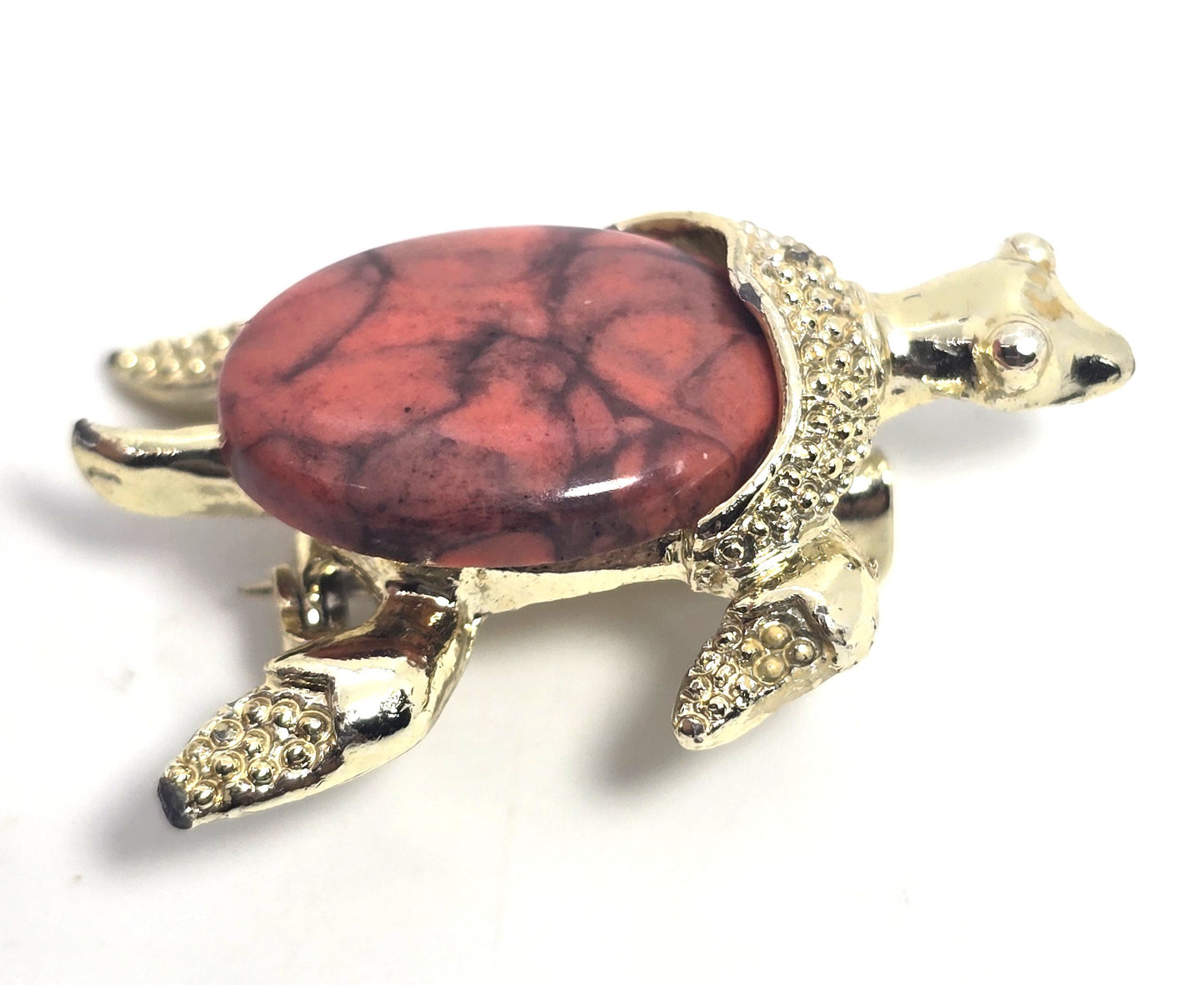 Gerry's Sea Turtle  marbled red glass gold toned vintage reptile brooch