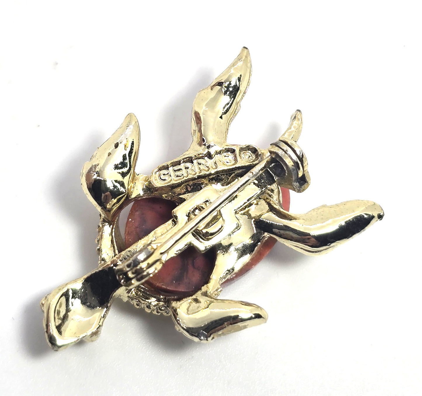 Gerry's Sea Turtle  marbled red glass gold toned vintage reptile brooch