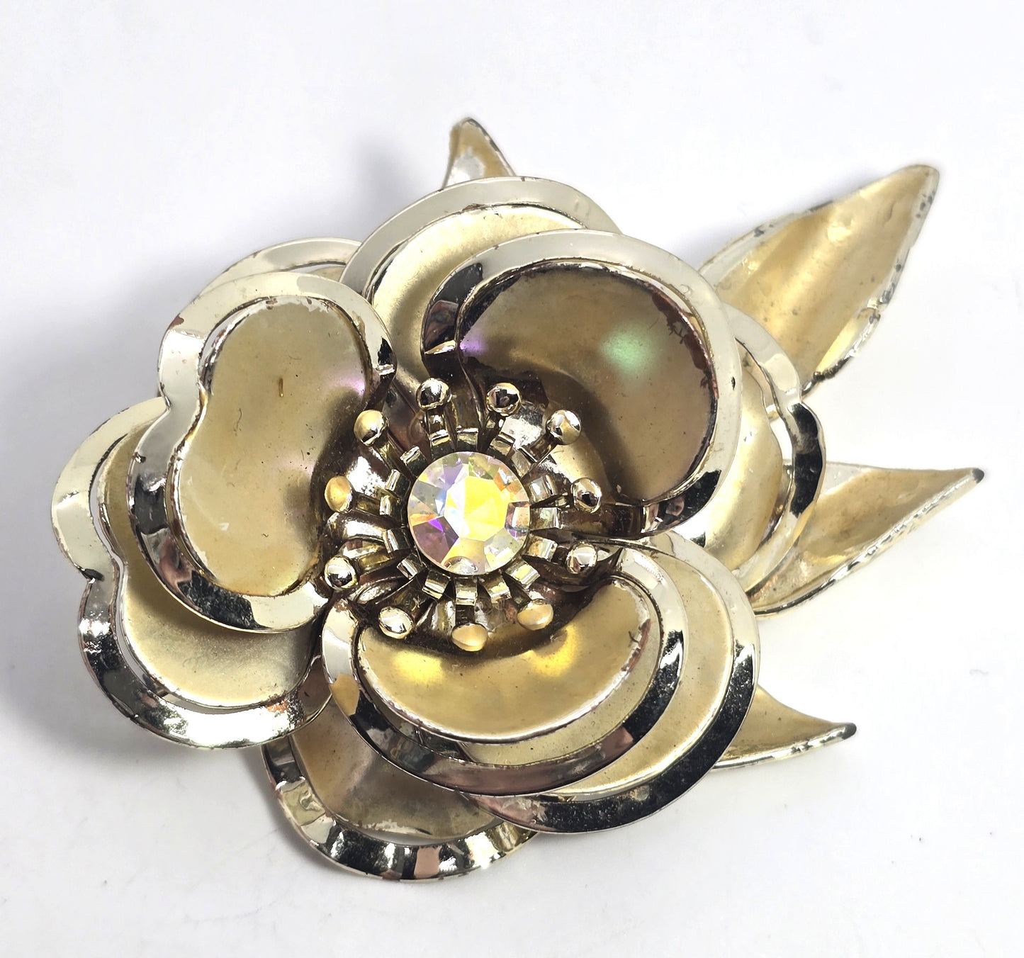 Gold layered flower Aurora Borealis AB gold toned vintage flower brooch