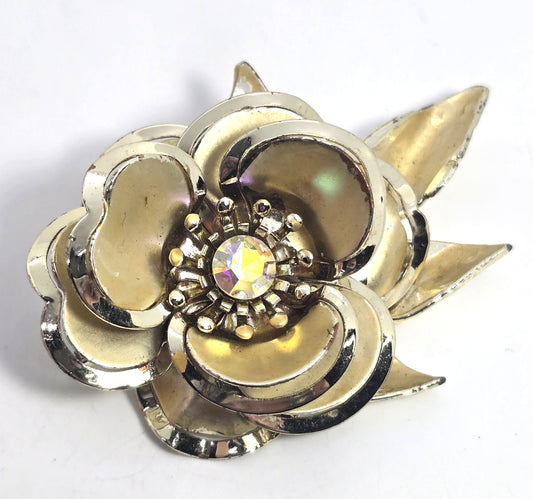 Gold layered flower Aurora Borealis AB gold toned vintage flower brooch