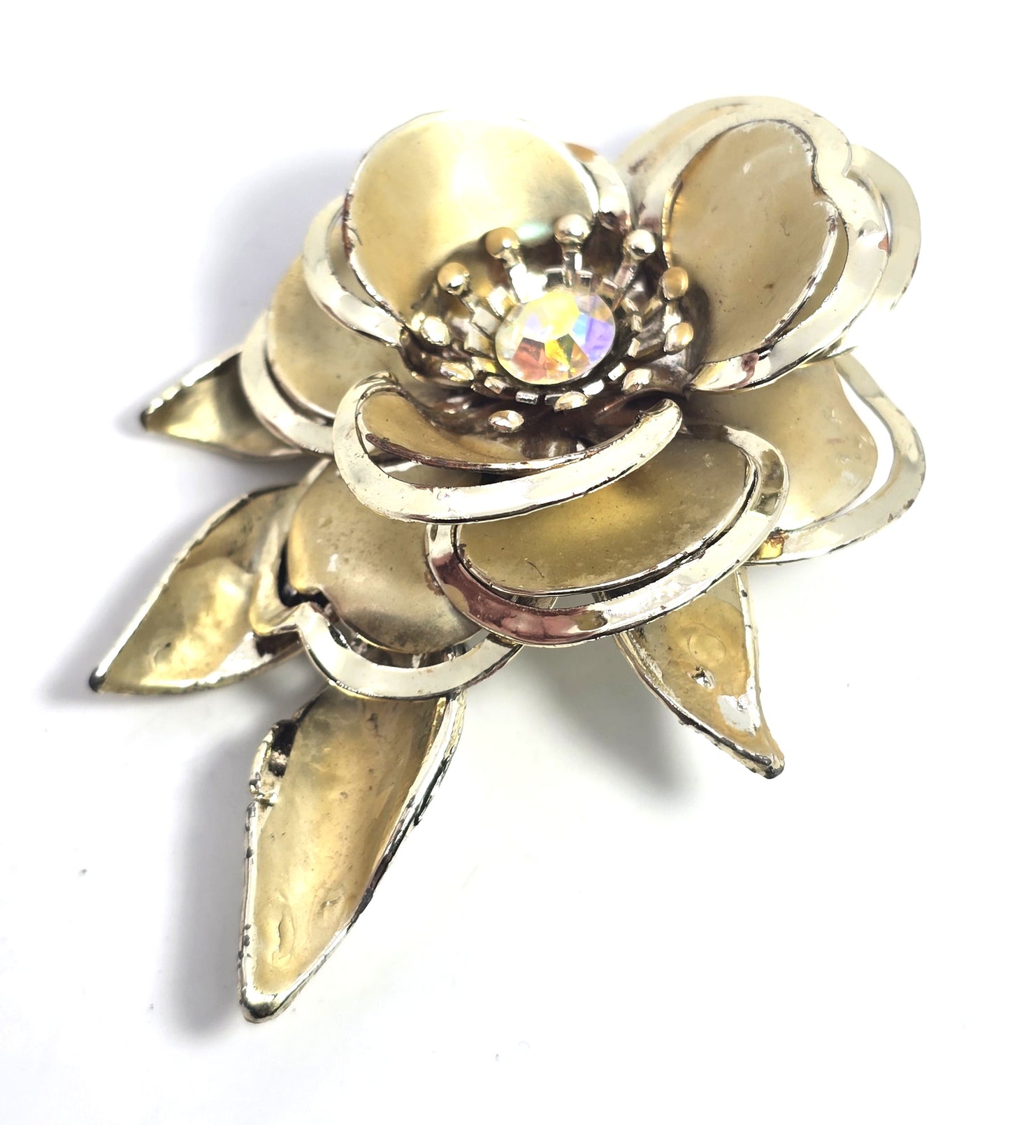 Gold layered flower Aurora Borealis AB gold toned vintage flower brooch