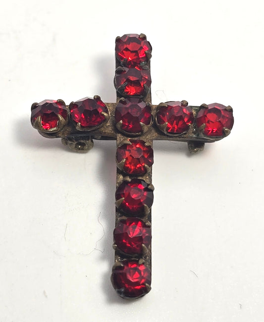 Red cross rhinestone antique prong set brooch pin