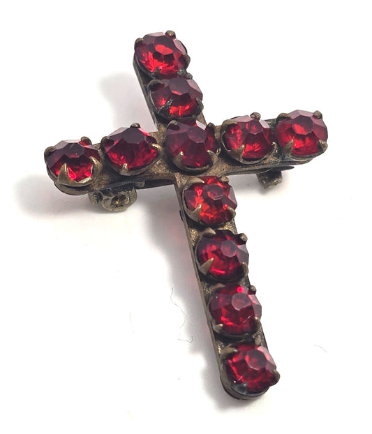 Red cross rhinestone antique prong set brooch pin