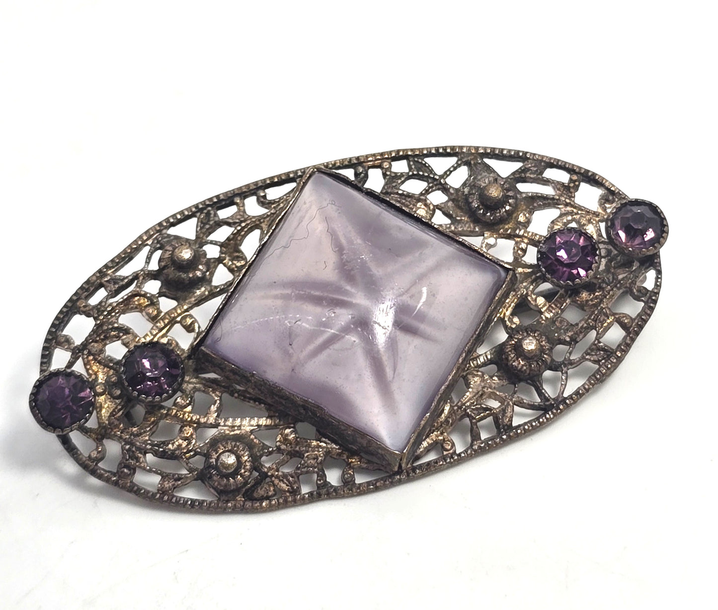 Art Deco Purple Star art glass rhinestone vintage brooch