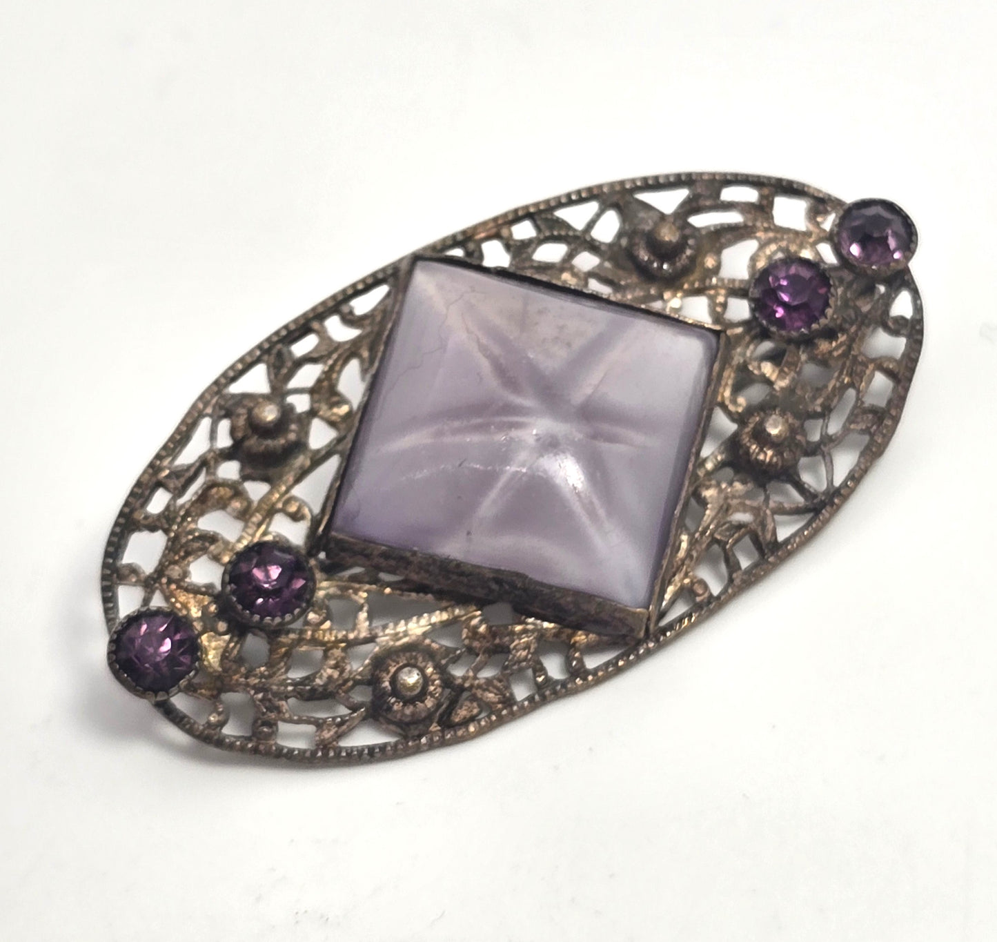 Art Deco Purple Star art glass rhinestone vintage brooch