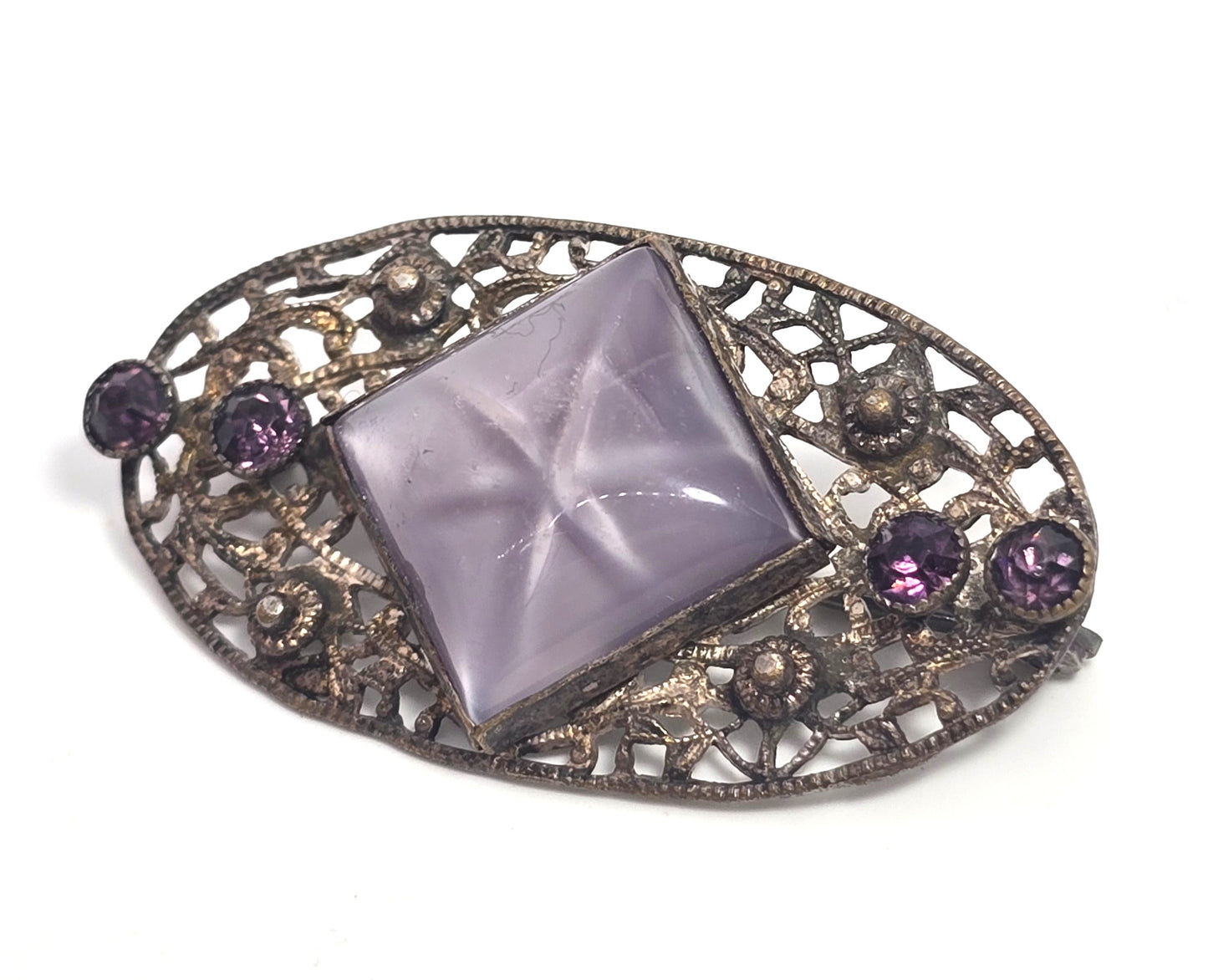 Art Deco Purple Star art glass rhinestone vintage brooch