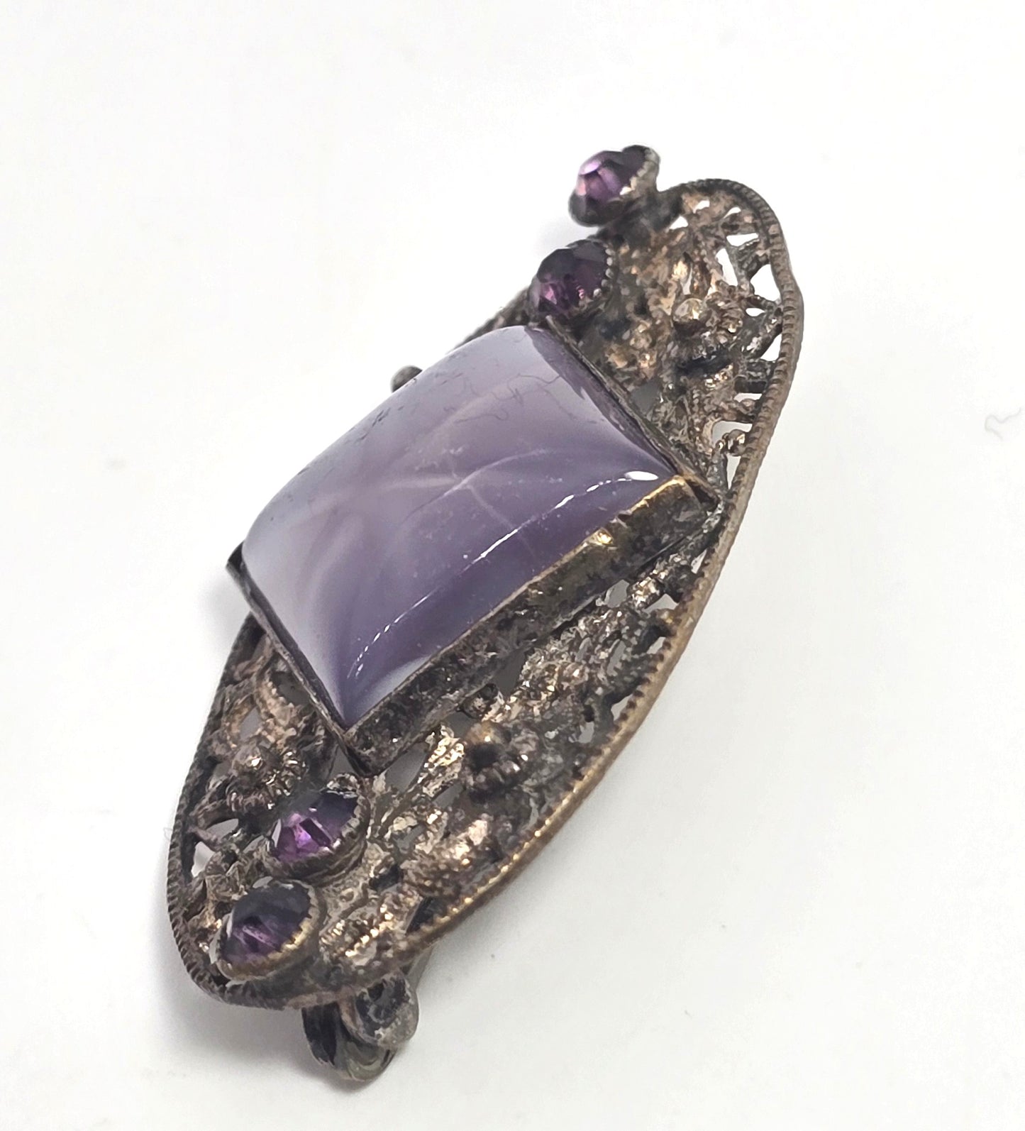 Art Deco Purple Star art glass rhinestone vintage brooch