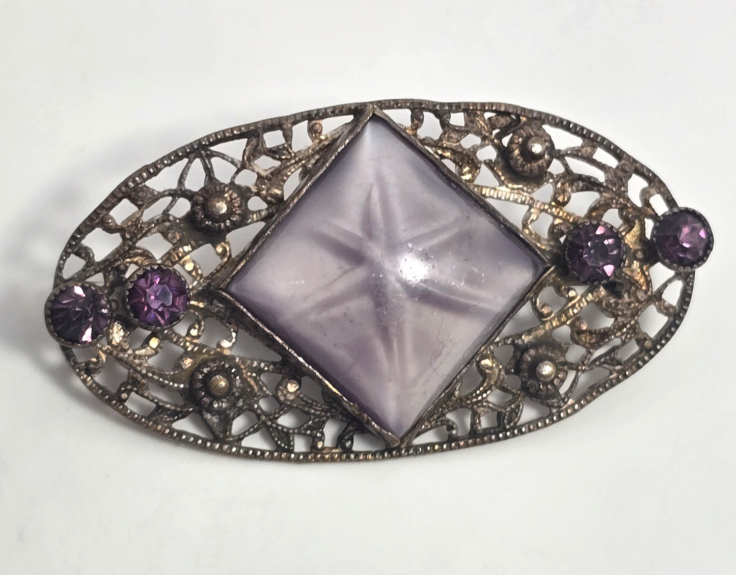 Art Deco Purple Star art glass rhinestone vintage brooch