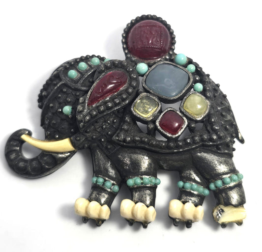 Vintage Rare Signed Hattie Carnegie Cabochon Elephant Brooch Pendant As IS