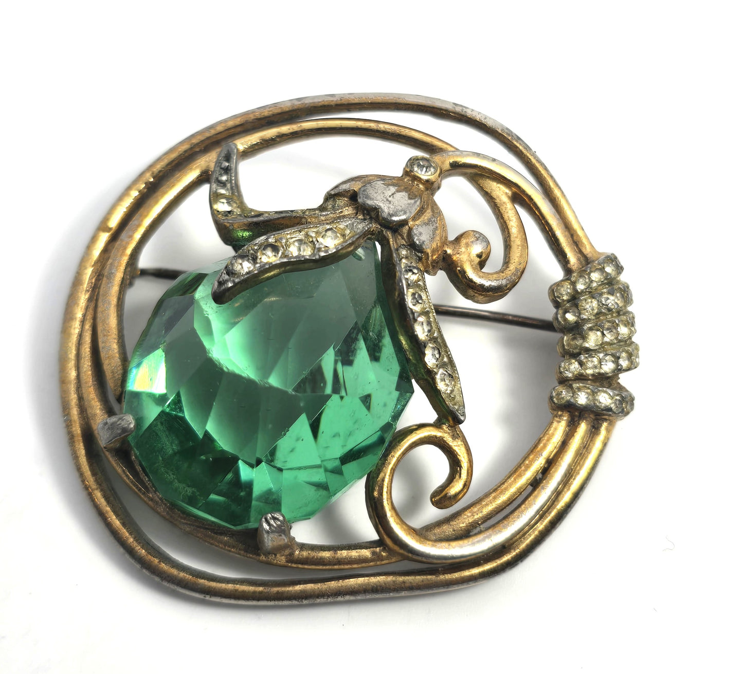 Green uranium glass Large Art Deco rhinestone gold toned UV glow vintage brooch