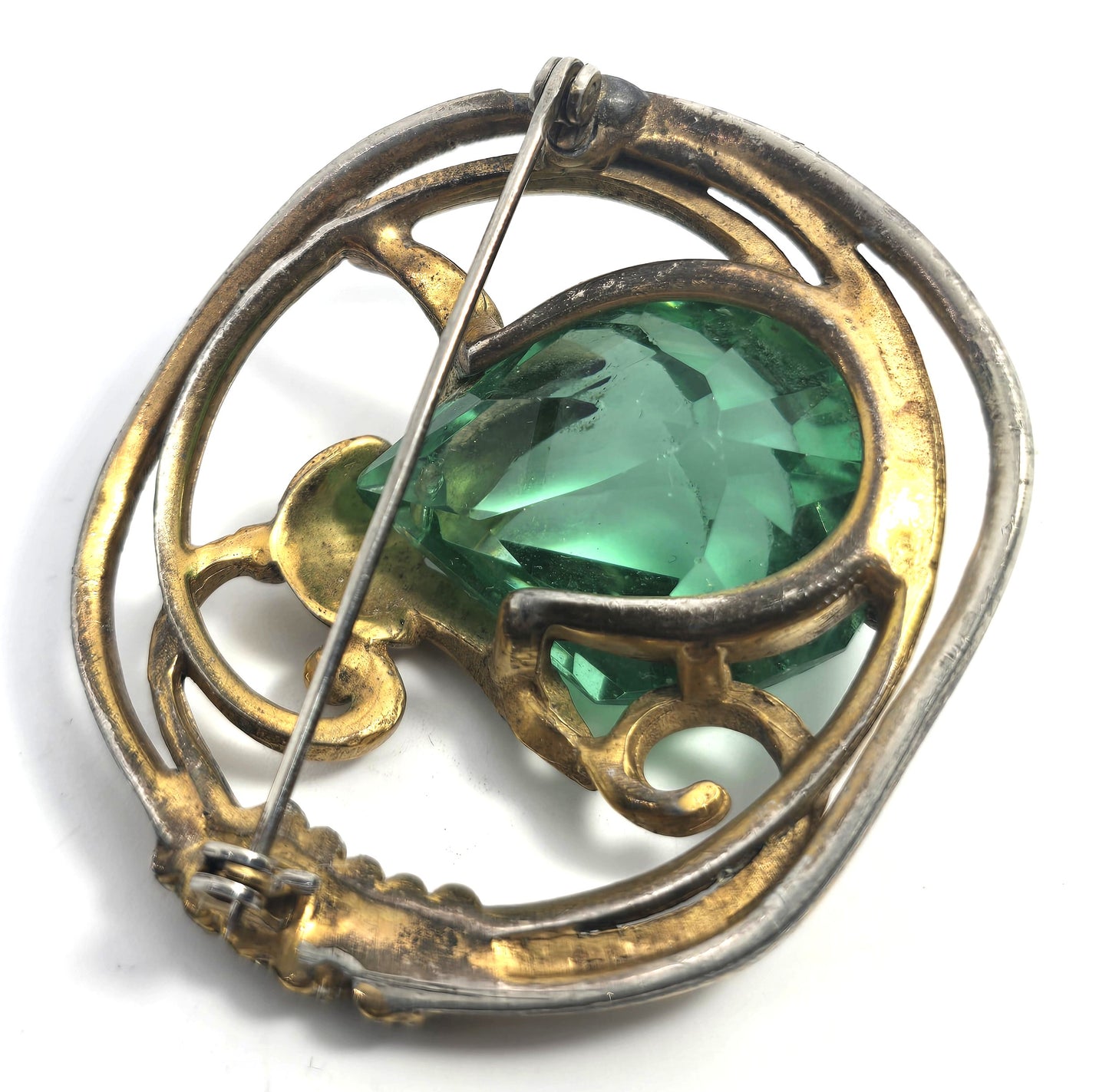 Green uranium glass Large Art Deco rhinestone gold toned UV glow vintage brooch