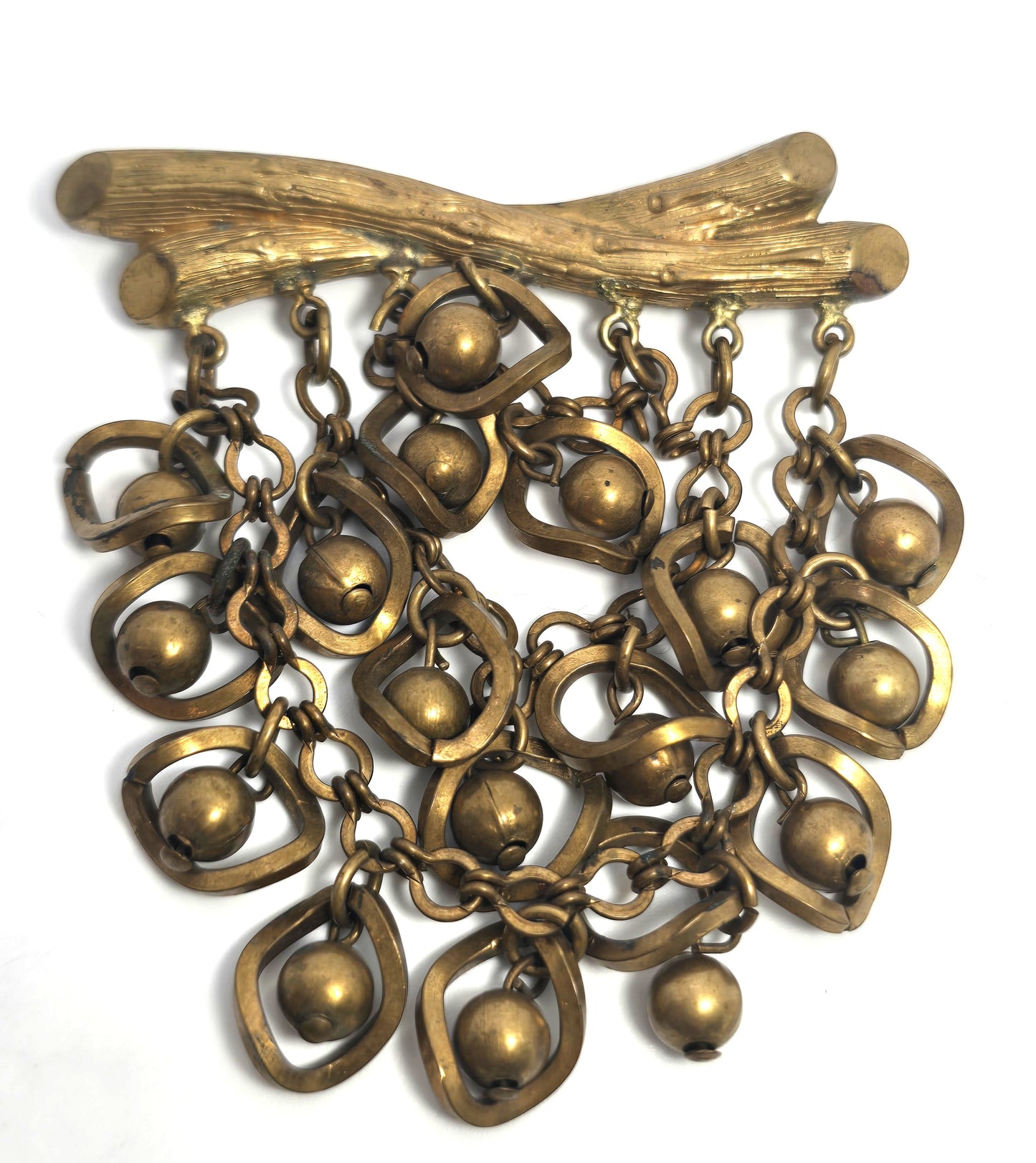 Brutalist handcrafted artisan twisted brass branch large brooch