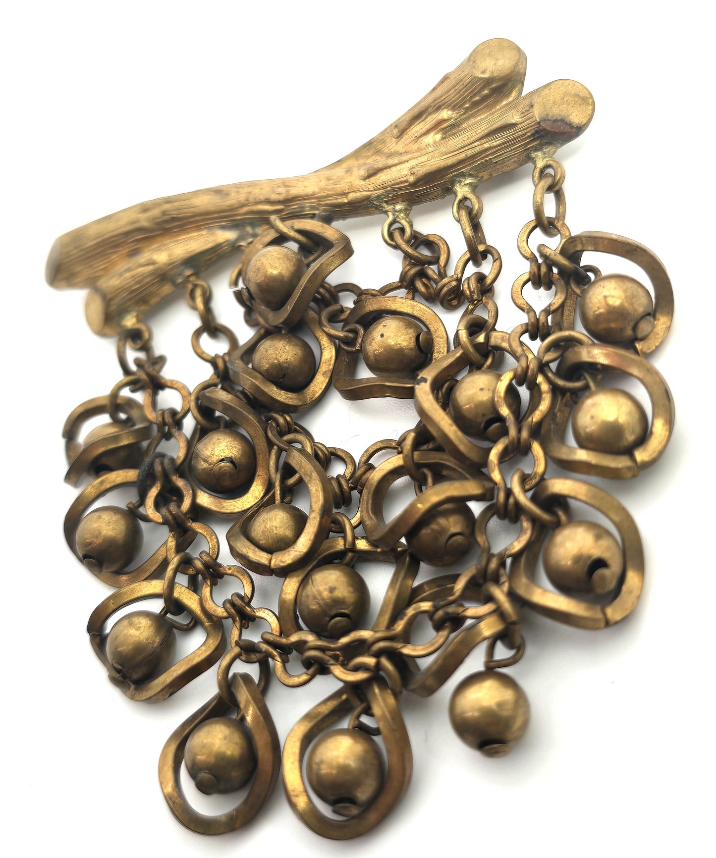 Brutalist handcrafted artisan twisted brass branch large brooch