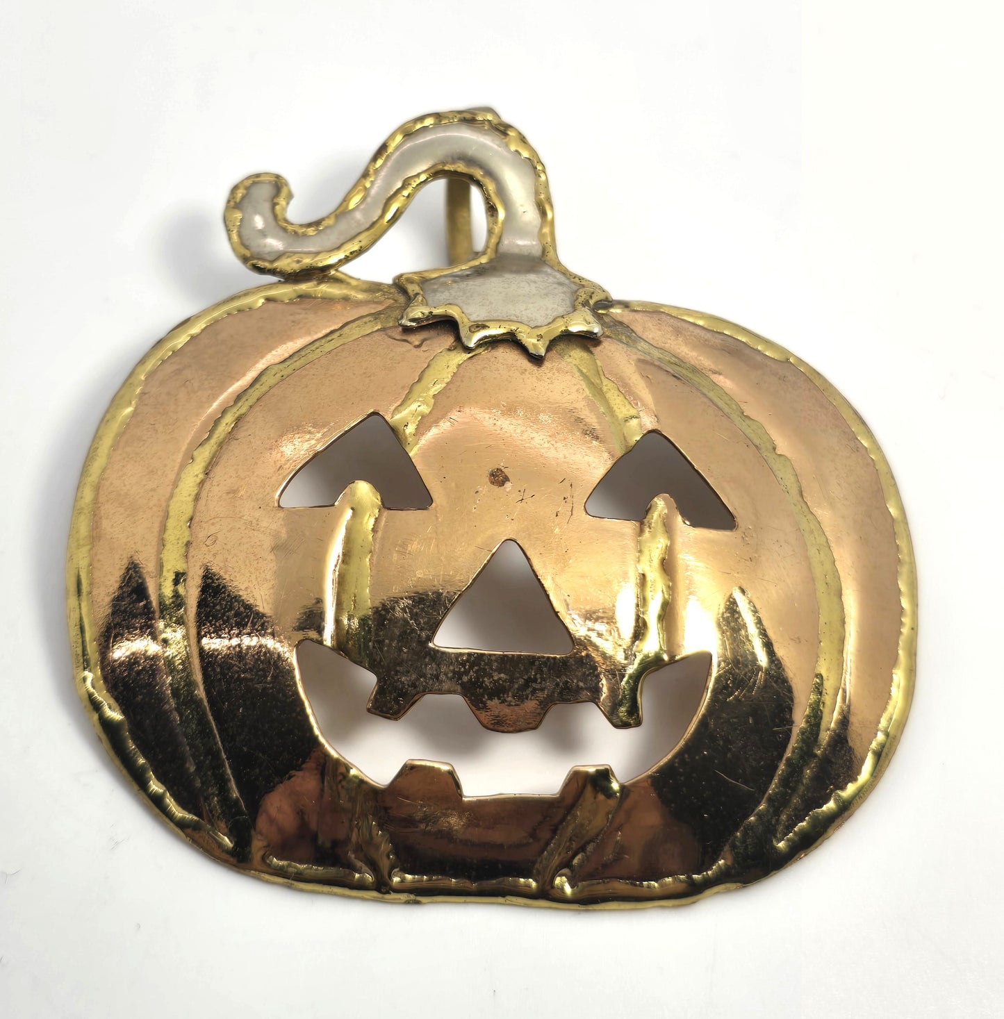 Halloween Brutalist Jack o Lantern pumpkin mixed tri metal pendant brooch