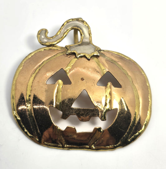Halloween Brutalist Jack o Lantern pumpkin mixed tri metal pendant brooch