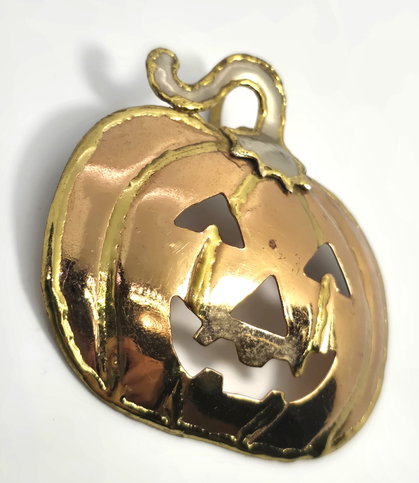 Halloween Brutalist Jack o Lantern pumpkin mixed tri metal pendant brooch