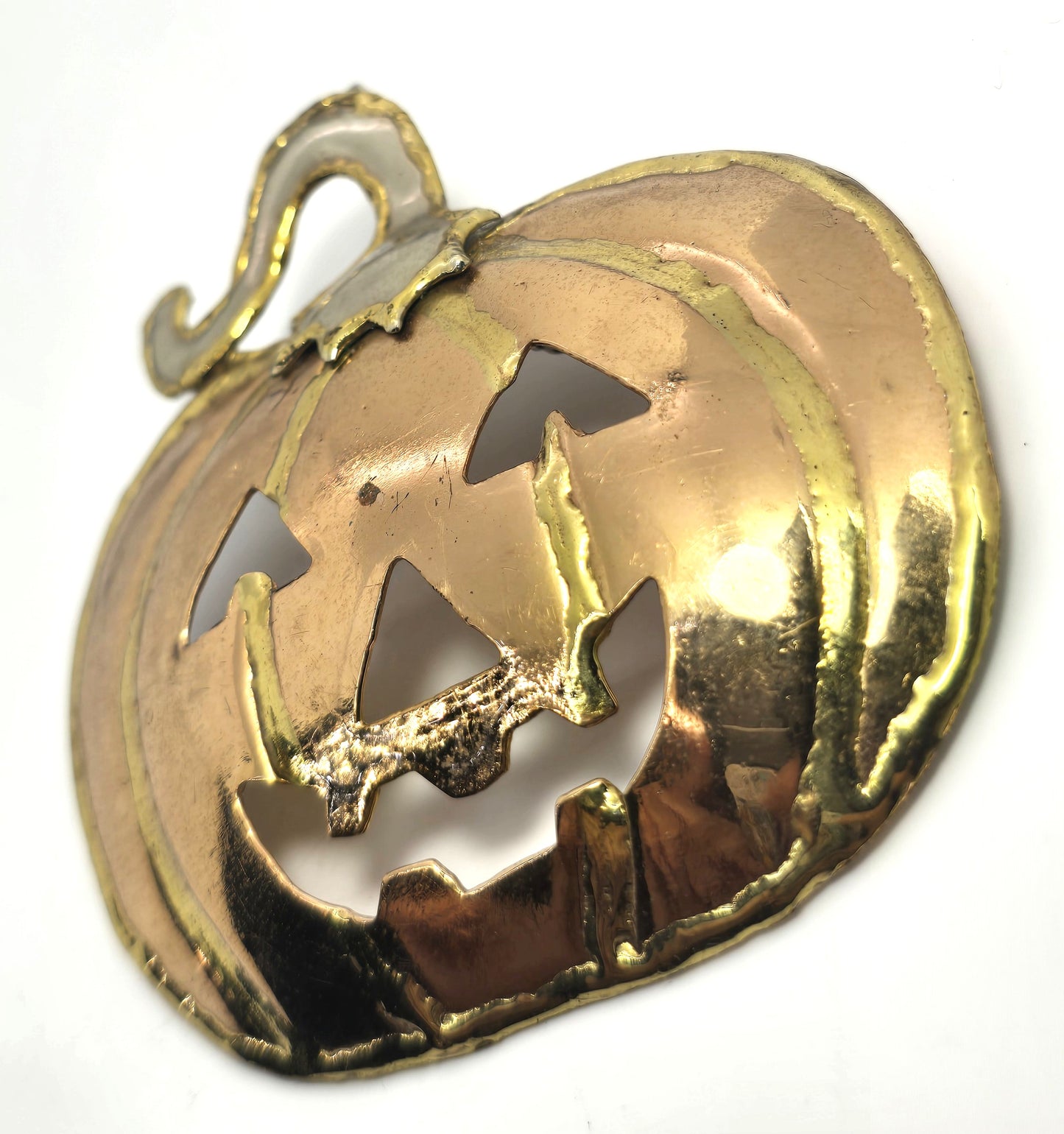 Halloween Brutalist Jack o Lantern pumpkin mixed tri metal pendant brooch