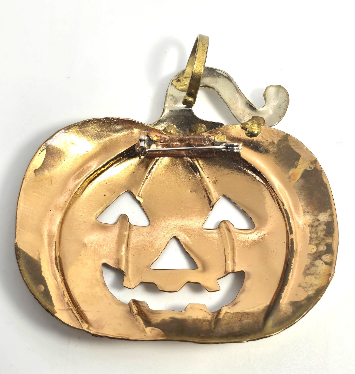 Halloween Brutalist Jack o Lantern pumpkin mixed tri metal pendant brooch