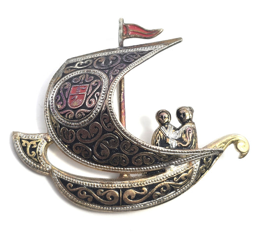Spanish Damascene enamel Ship signed Spain vintage brooch