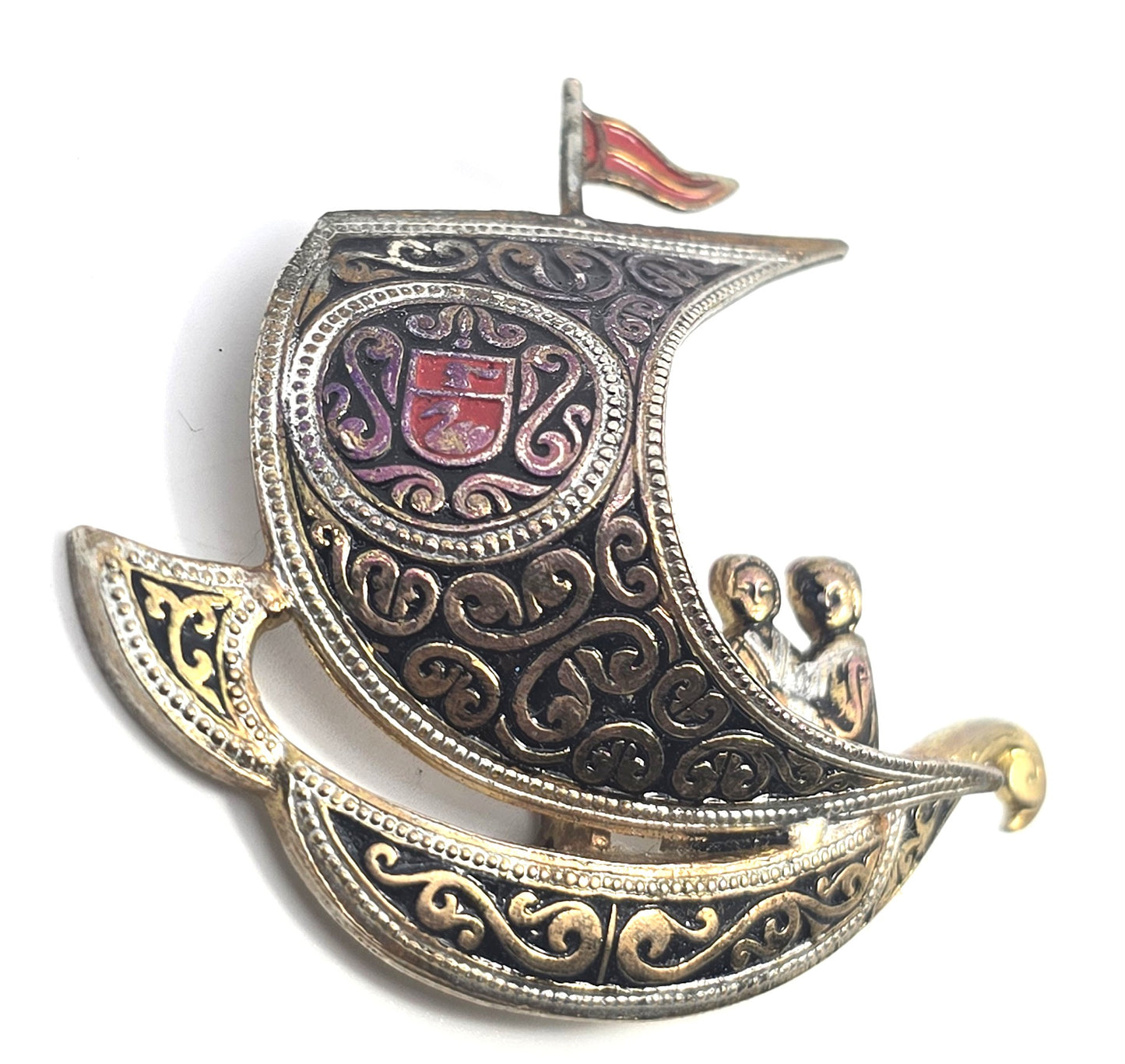 Spanish Damascene enamel Ship signed Spain vintage brooch