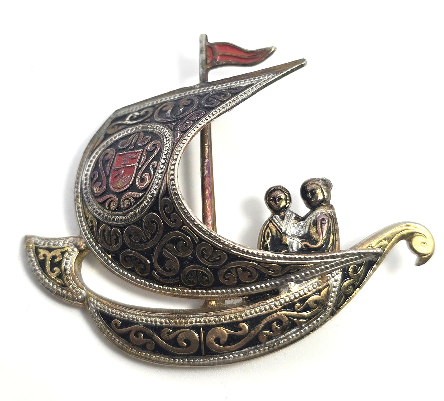 Spanish Damascene enamel Ship signed Spain vintage brooch