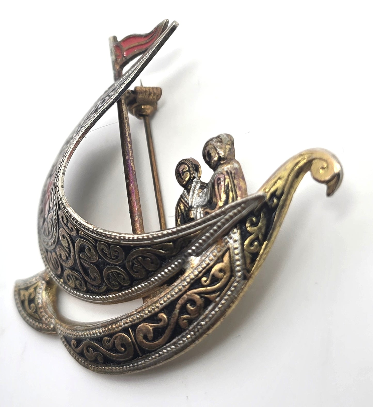 Spanish Damascene enamel Ship signed Spain vintage brooch
