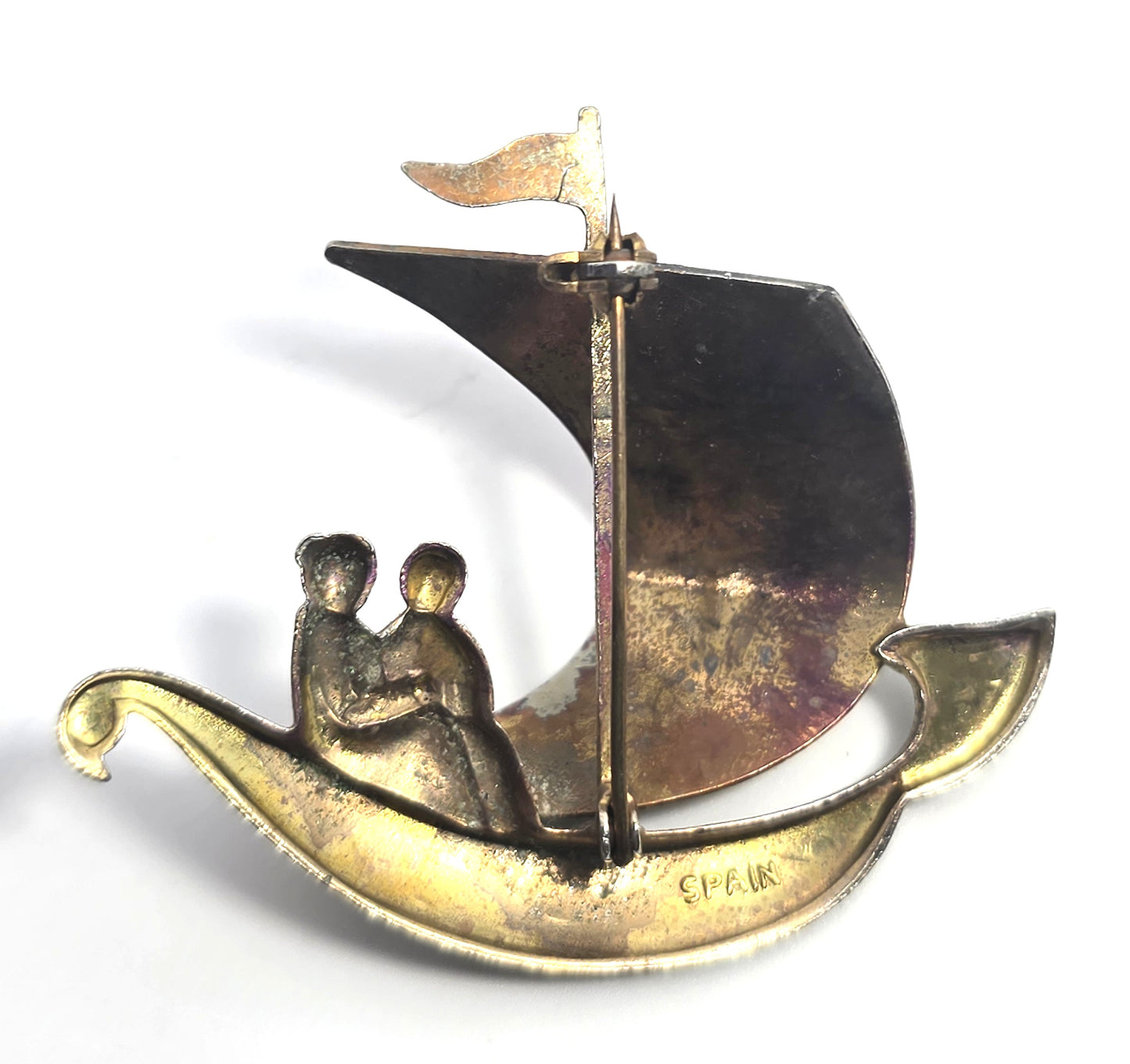 Spanish Damascene enamel Ship signed Spain vintage brooch
