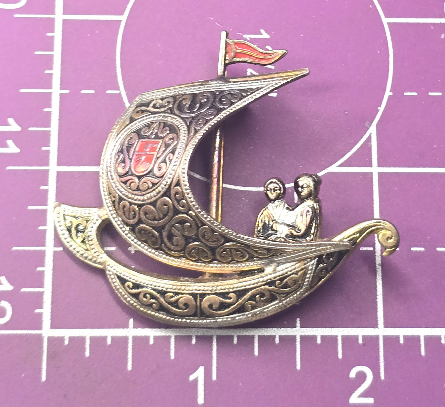 Spanish Damascene enamel Ship signed Spain vintage brooch