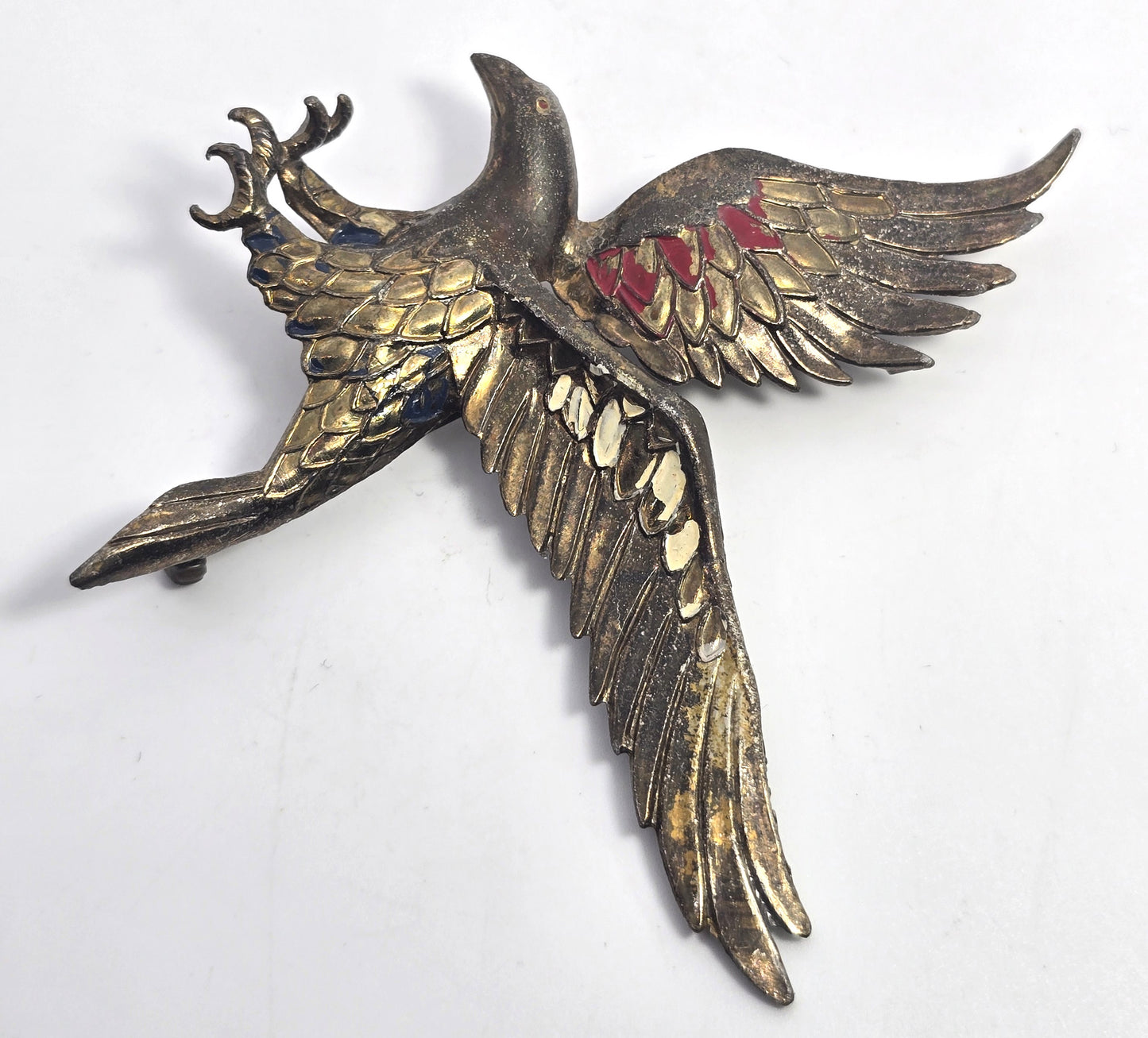 Art Deco WWII  Eagle red white and blue enamel vintage brass brooch