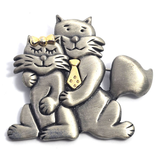 Jonette JJ Jewelry "Cat n Cat" pewter vintage signed cat brooch