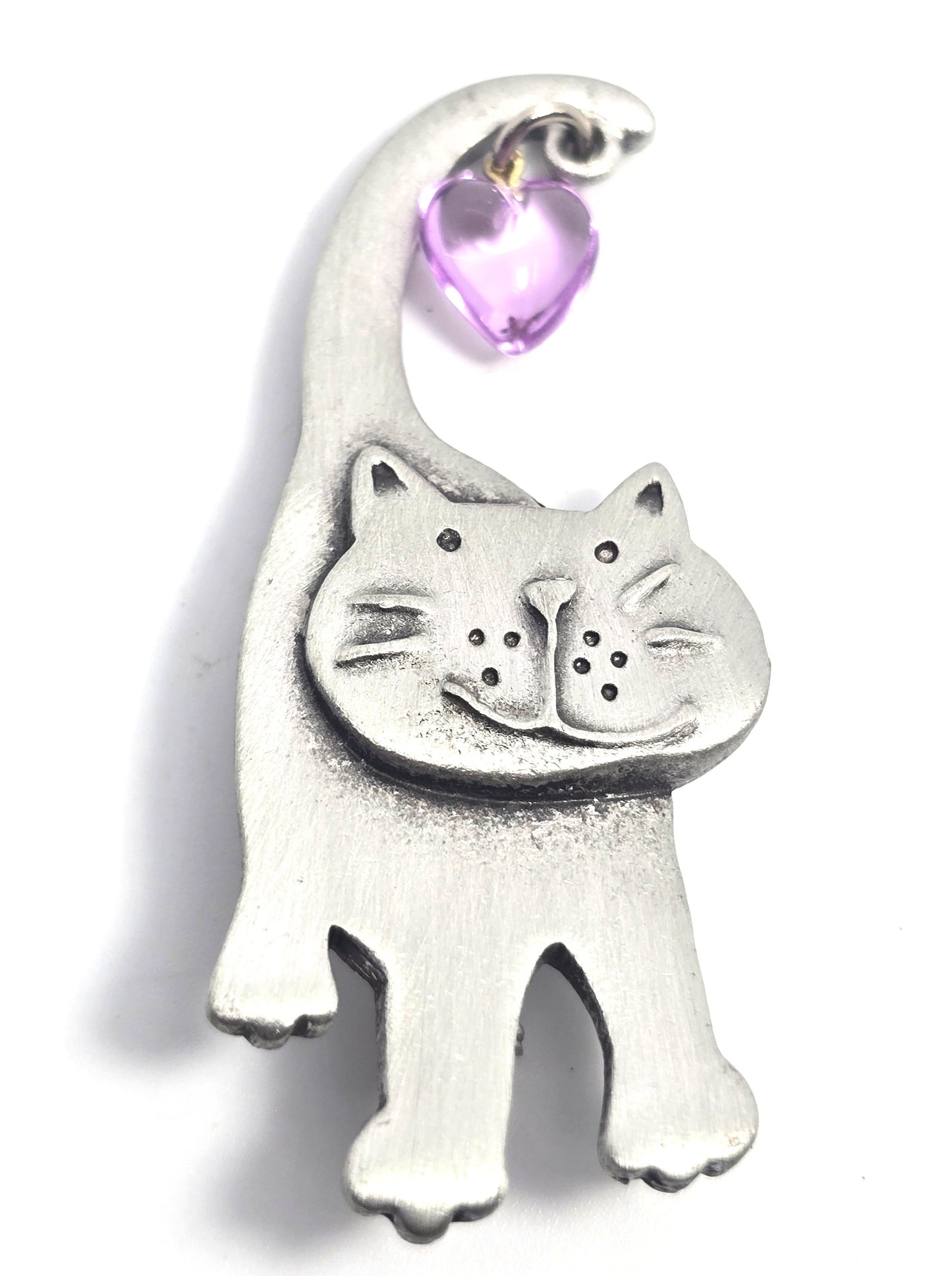 Jonette Jewelry JJ silver pewter 'Smiling Cat with Heart Halo' vintage pin brooch