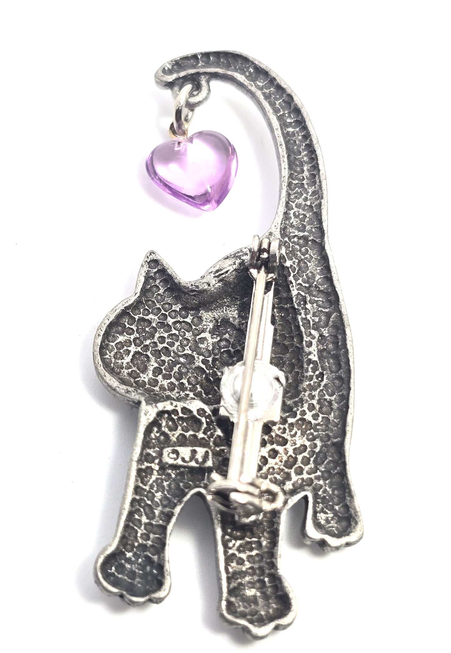 Jonette Jewelry JJ silver pewter 'Smiling Cat with Heart Halo' vintage pin brooch
