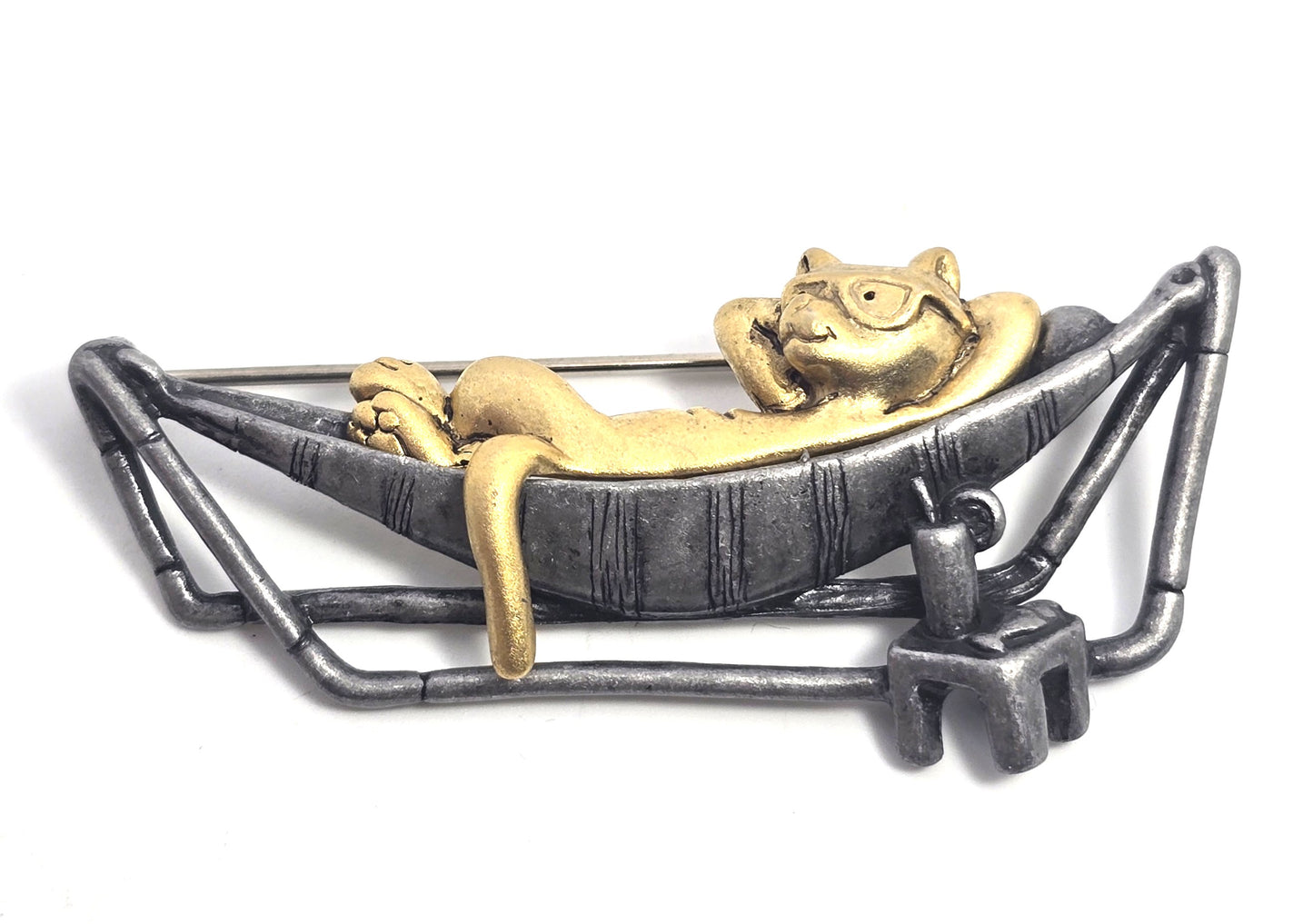 Danecraft silver pewter Cat in a hammock two toned vintage pin brooch