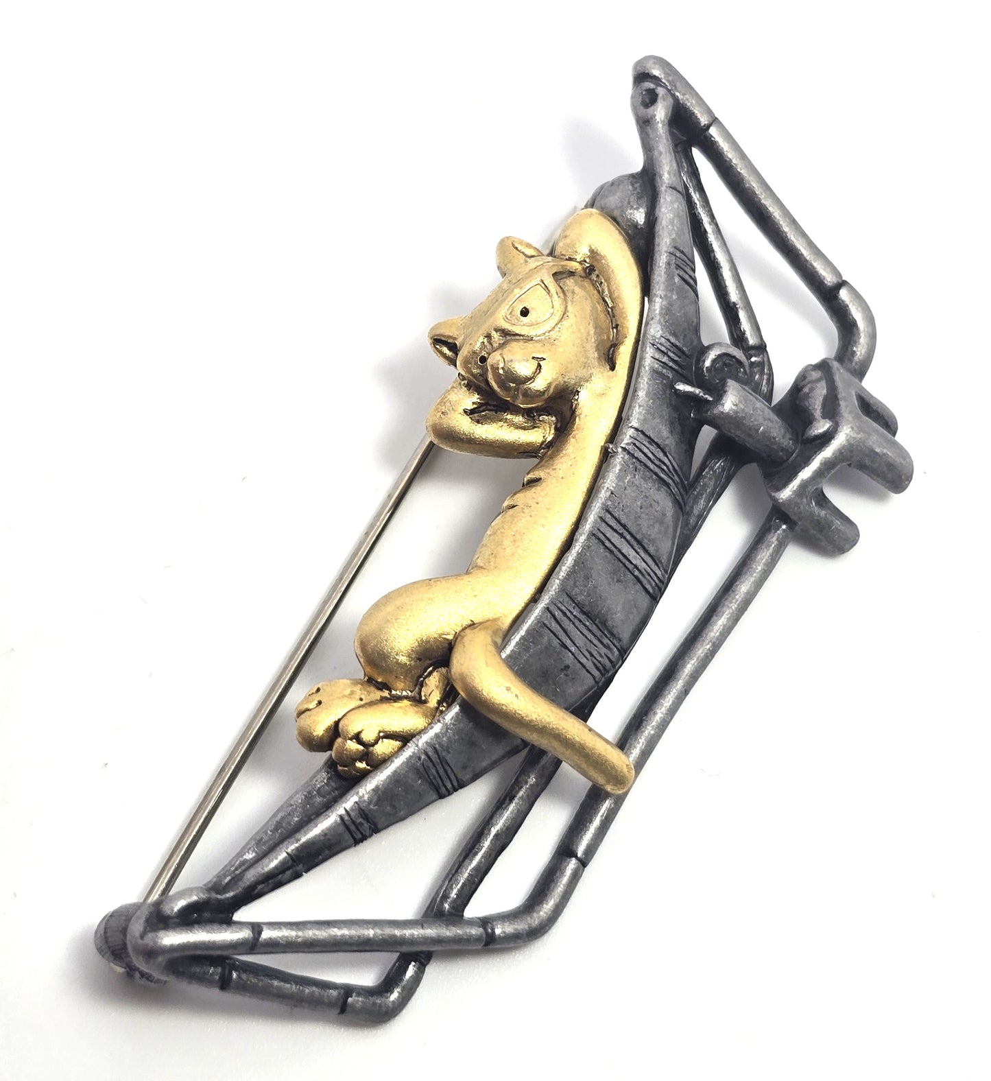 Danecraft silver pewter Cat in a hammock two toned vintage pin brooch