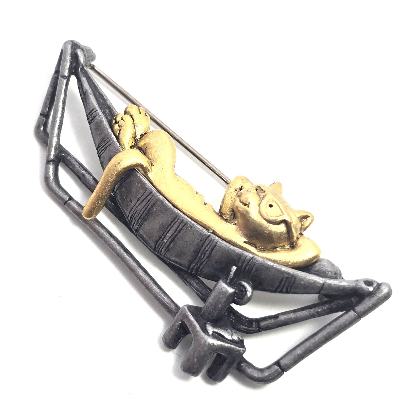 Danecraft silver pewter Cat in a hammock two toned vintage pin brooch