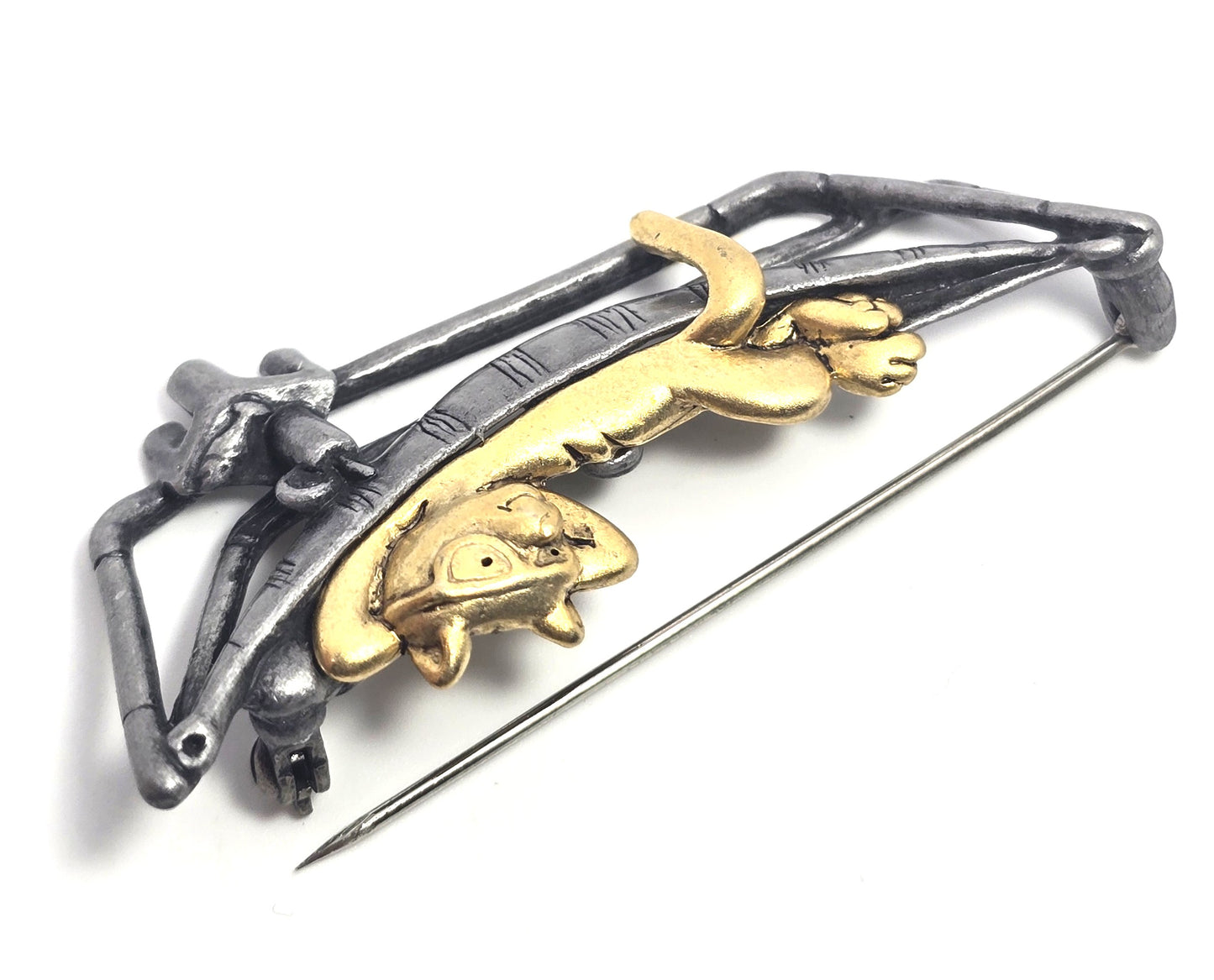 Danecraft silver pewter Cat in a hammock two toned vintage pin brooch