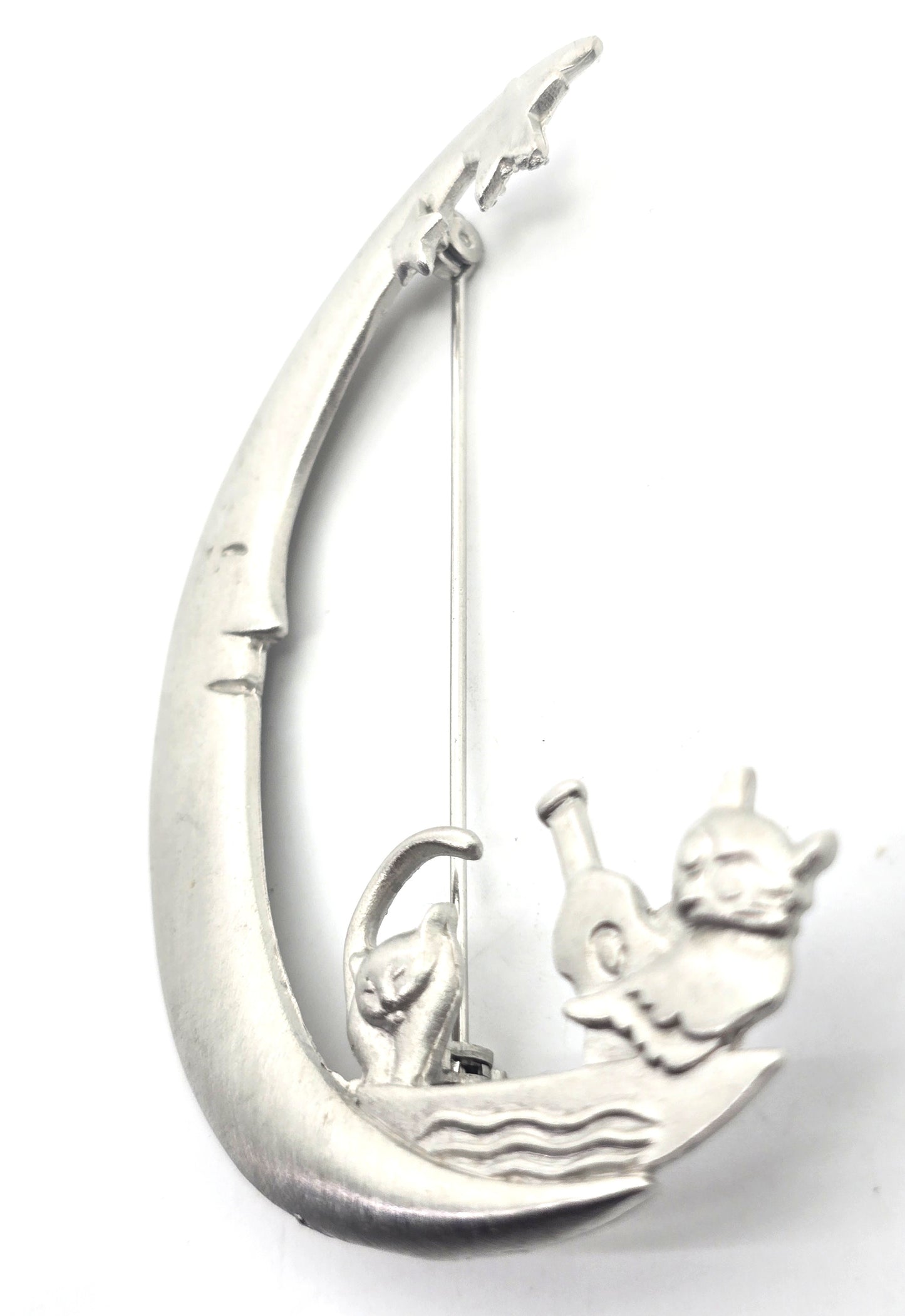 Lia Sophia Crescent Cat on the moon Silver Toned Large Pin Brooch