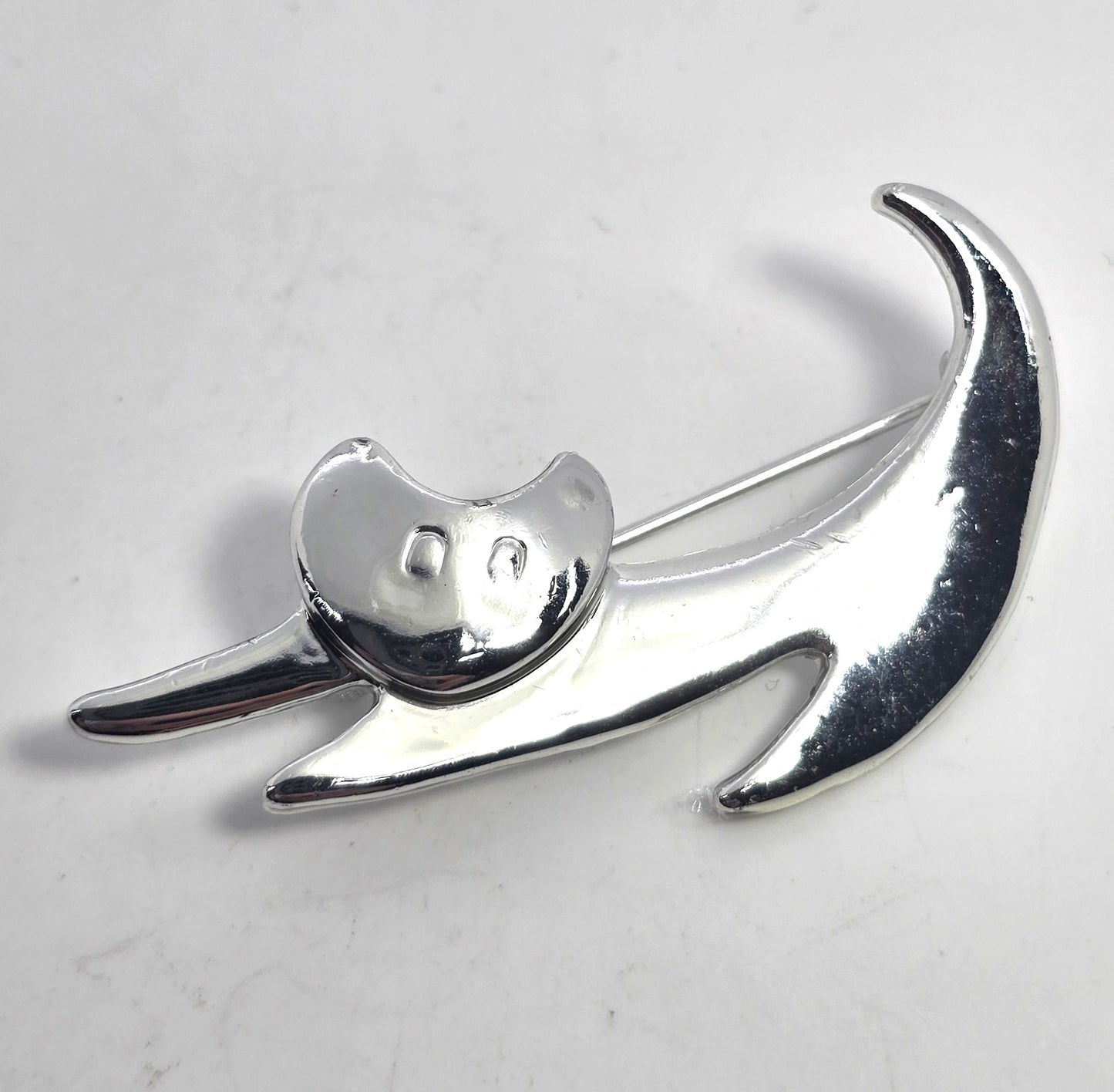 Danecraft "Big Stretch" cat modernist silver toned vintage pin brooch